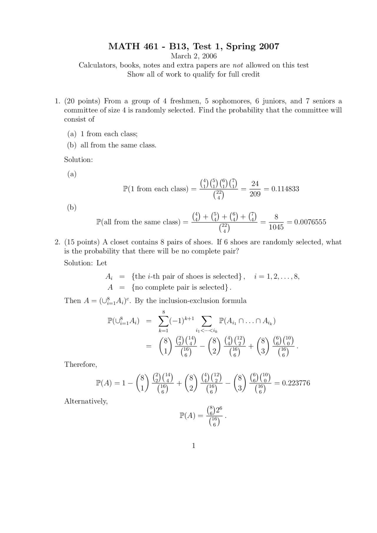 Test 1 with Solution - Probability Theory | MATH 461 - Docsity