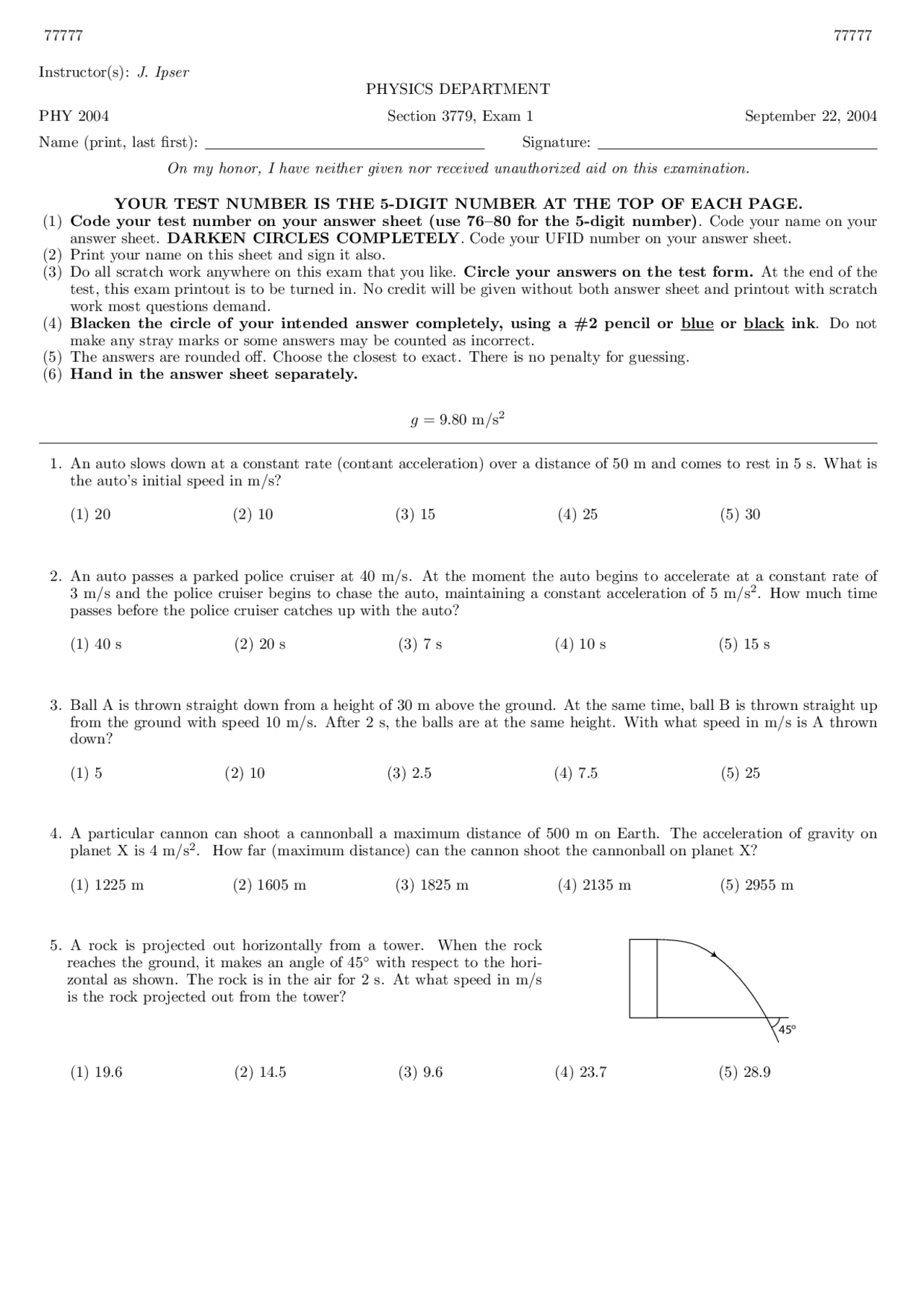 Practice Exam 1 - Applied Physics 1 | PHY 2004 - Docsity