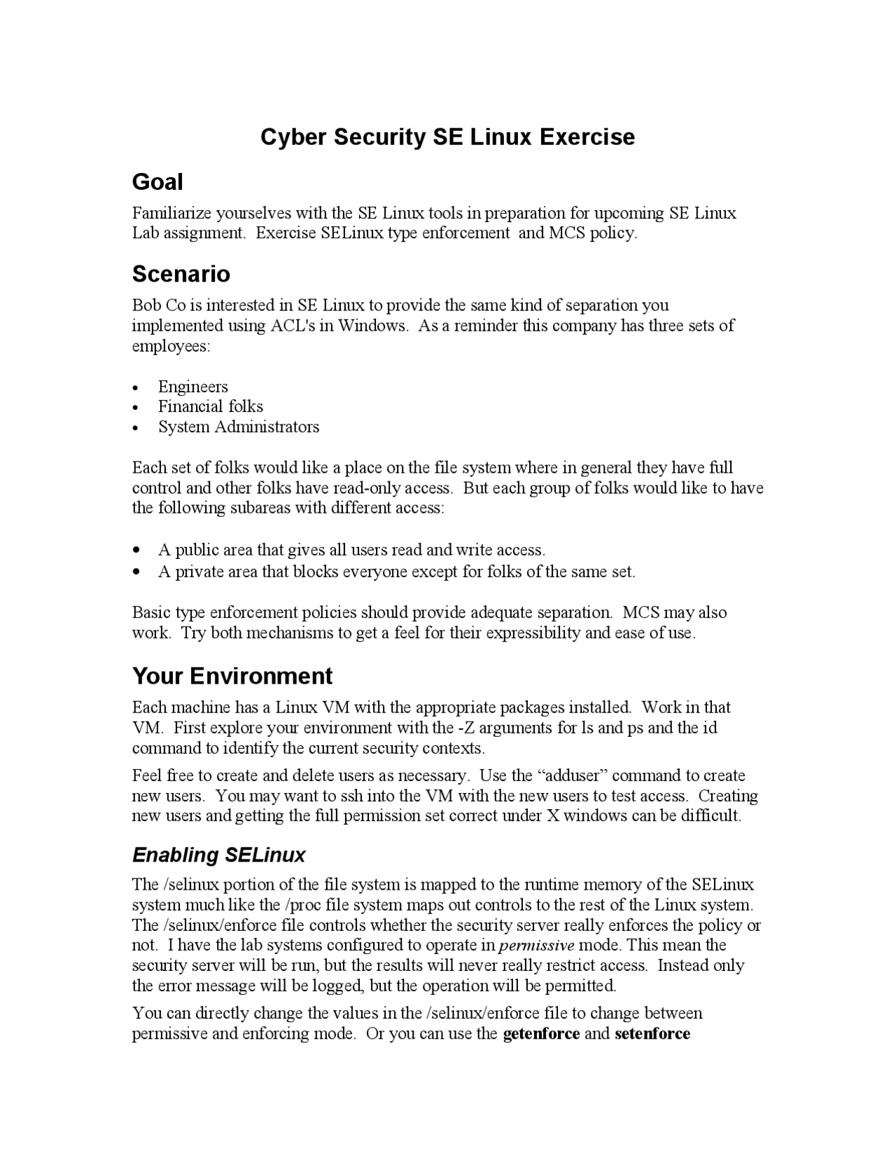 Lecture Notes on Cyber Security SELinux Exercise | CS 498 - Docsity
