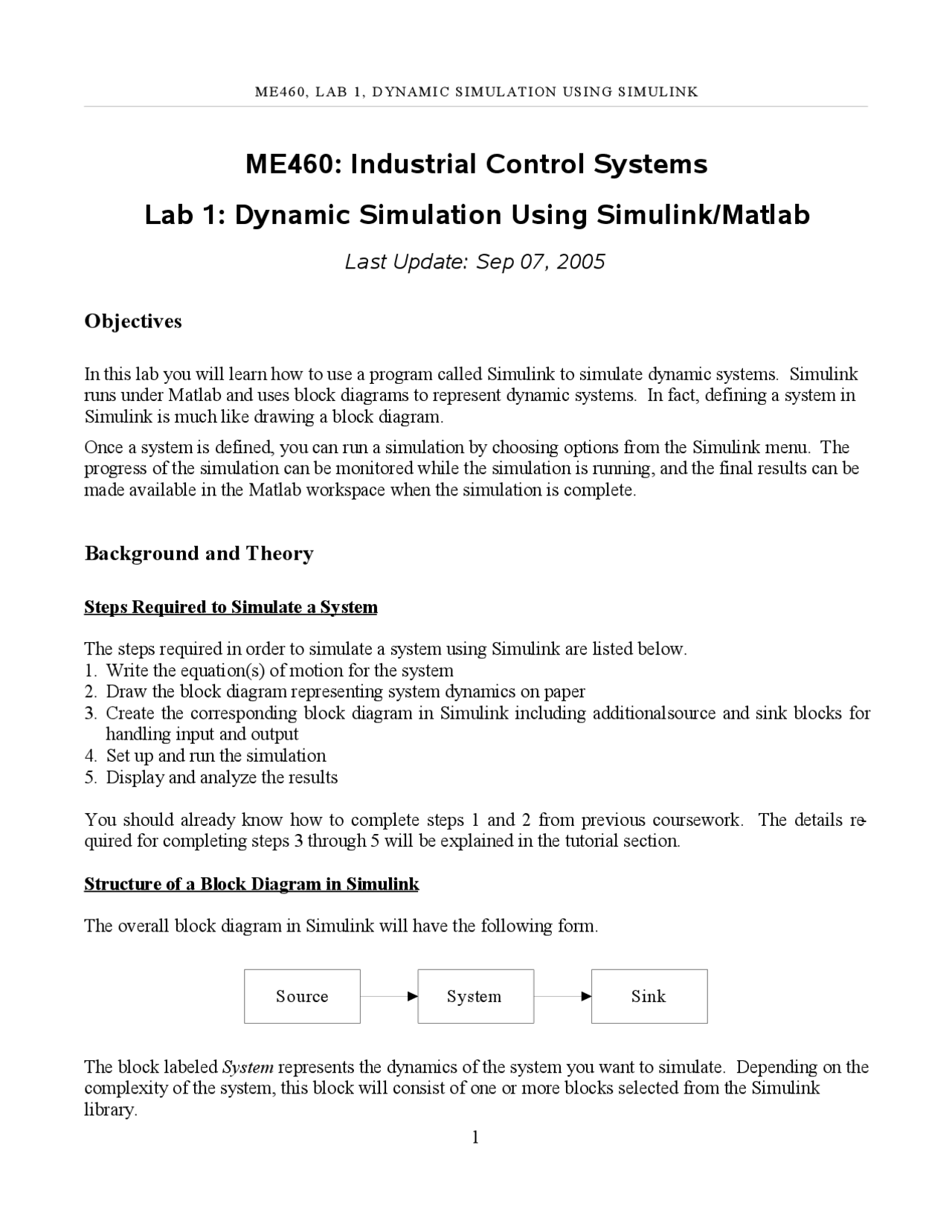 Msc Simulation Lab Report Example Dynamic Simulation Using Simulink in ME460: Industrial Control Systems ...