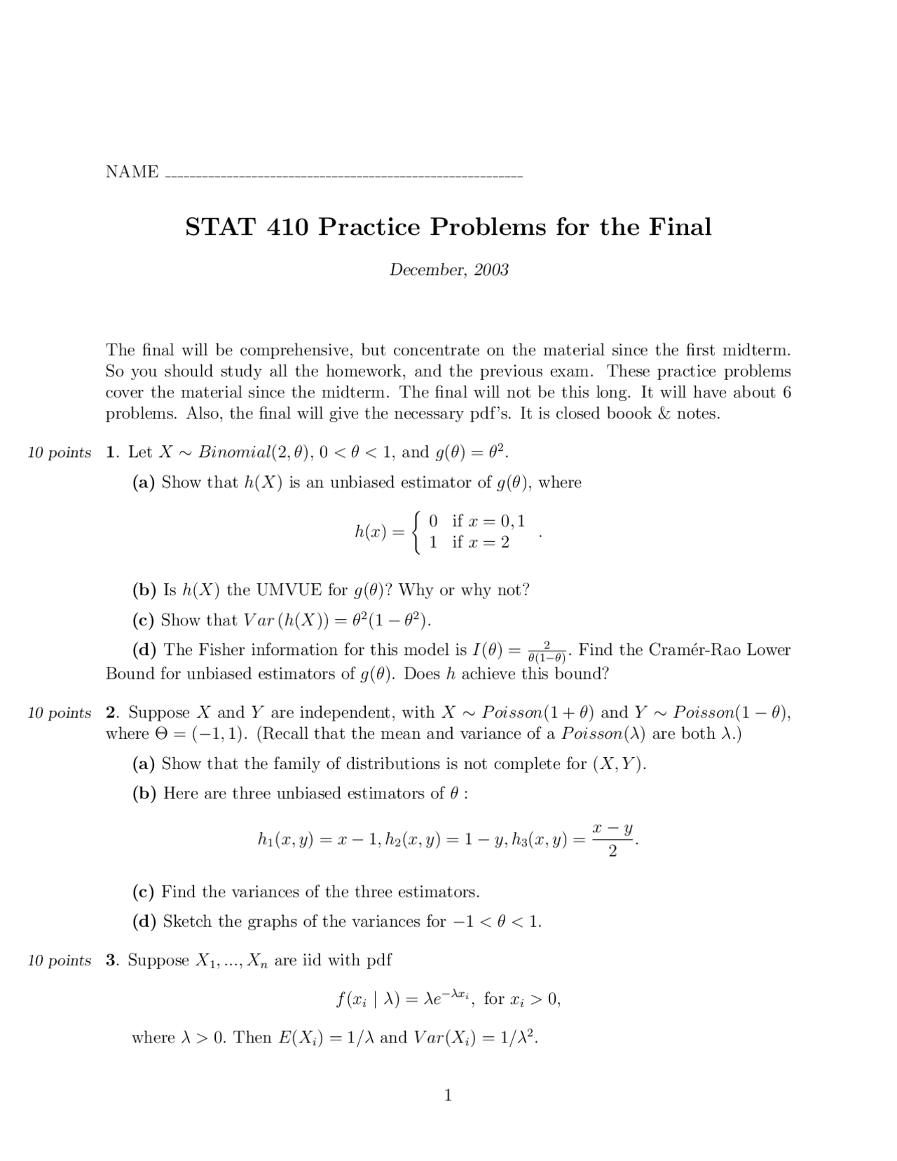 Practice Exam for Final - Statistics and Probability II | STAT 410 ...