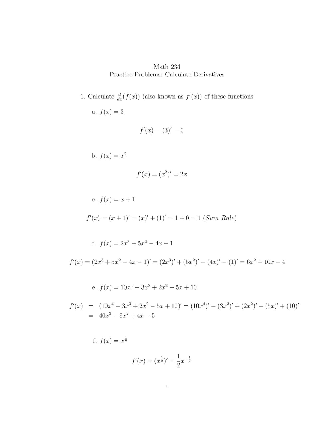 Math Derivative Question Calculate Derivatives - Practice Problems Solved | MATH 234 - Docsity