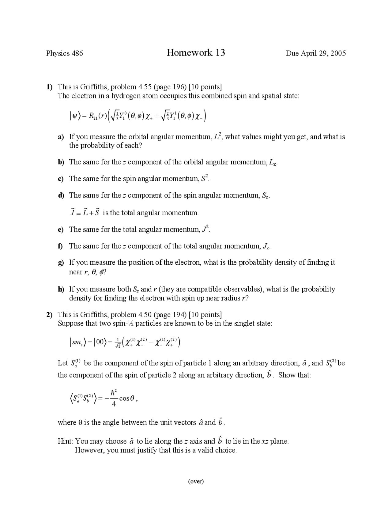 Quantum Physics Homework Example 3 Questions on Quantum Physics I - Homework 13 | PHYS 486 - Docsity