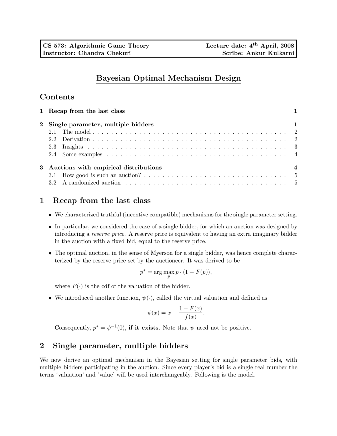 Lecture Notes on Bayesian Optimal Mechanism Design | CS 573 | Study ...