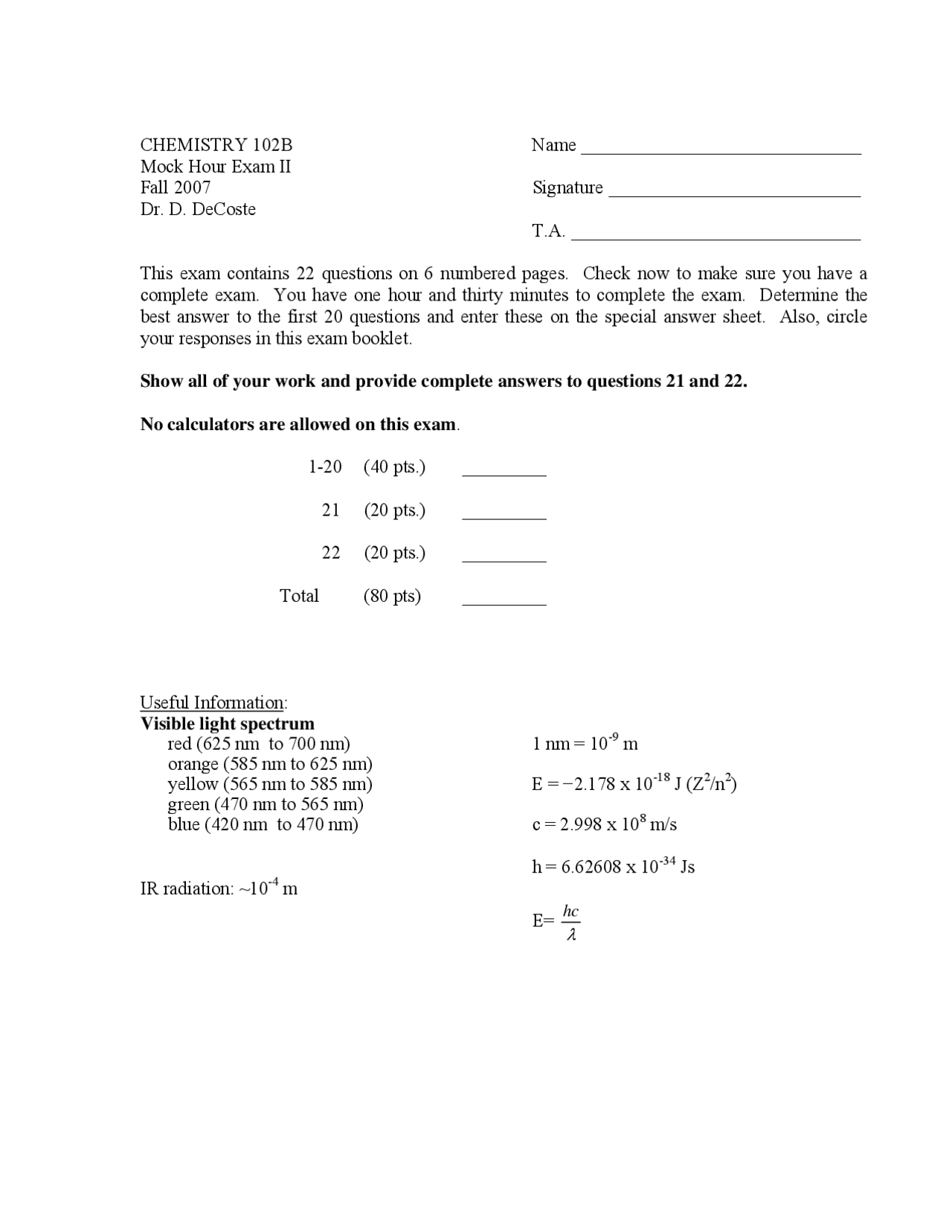 Exam 2 Questions - General Chemistry I | CHEM 102 - Docsity