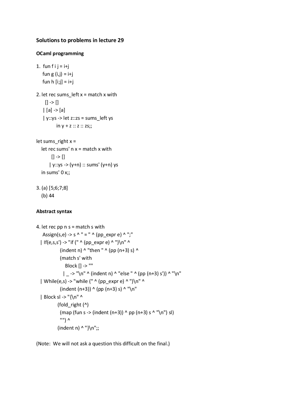 Solutions to Problems in Lecture 29 - Programming Languages and ...
