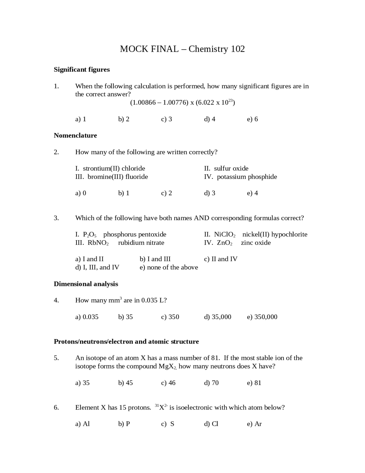 Final Exam Sample Questions - General Chemistry I | CHEM 102 - Docsity