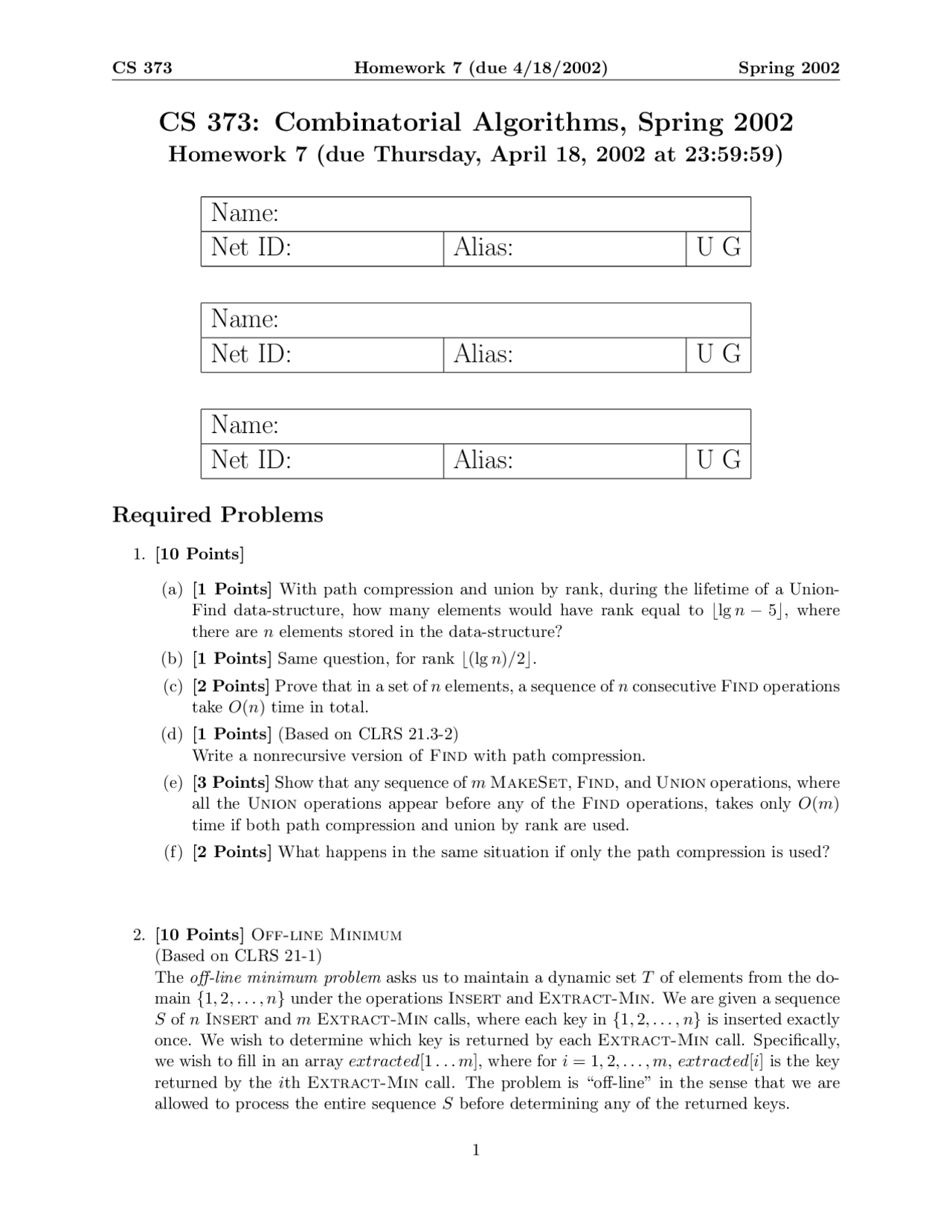 Theory of Computation - Homework 7 Problems Unsolved | CS 373 - Docsity