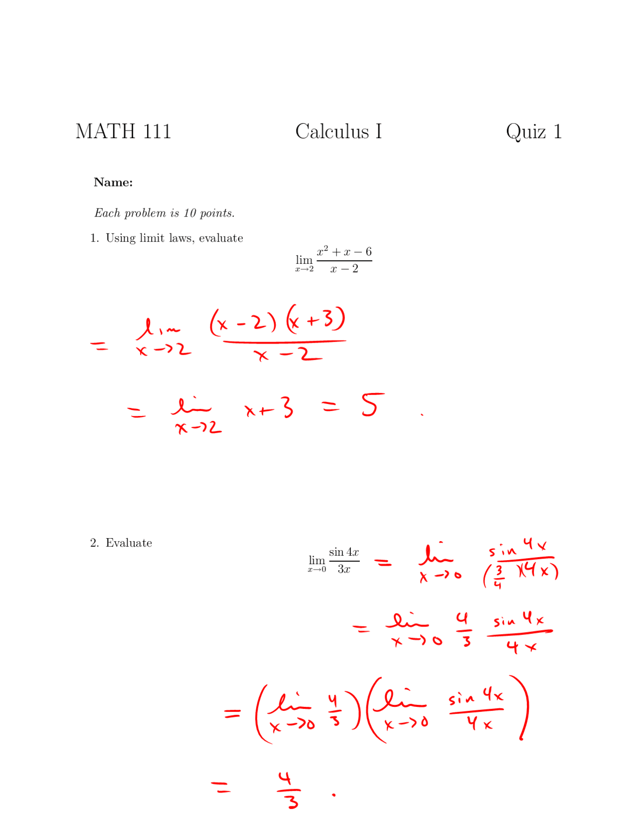 Calculus I - Quiz 1 Questions with Solution | MATH 111 - Docsity