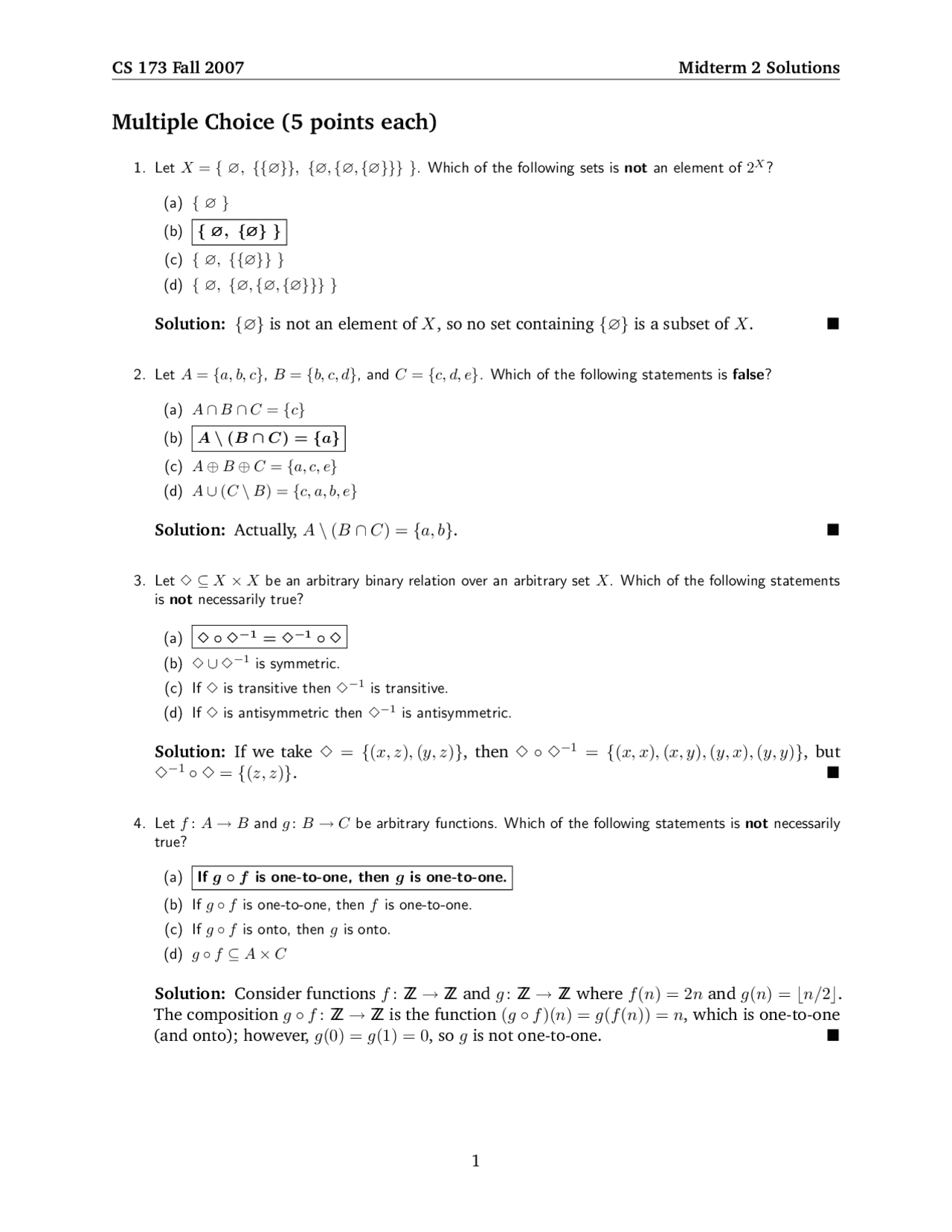 Midterm Exam 2 with Solutions - Discrete Structures | CS 173 - Docsity
