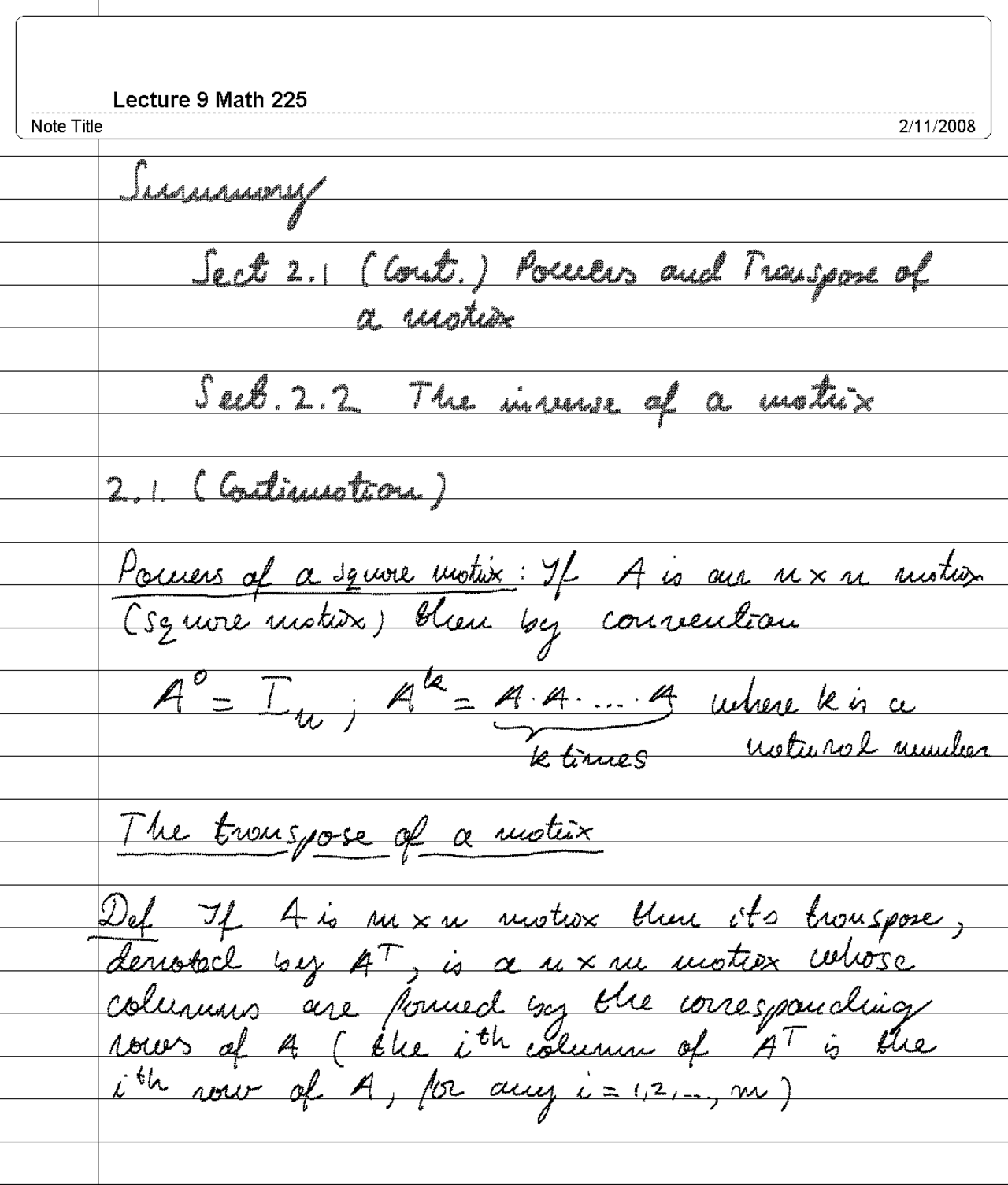 Matrix Transpose And Inverse Functions Notes Math 225 Docsity