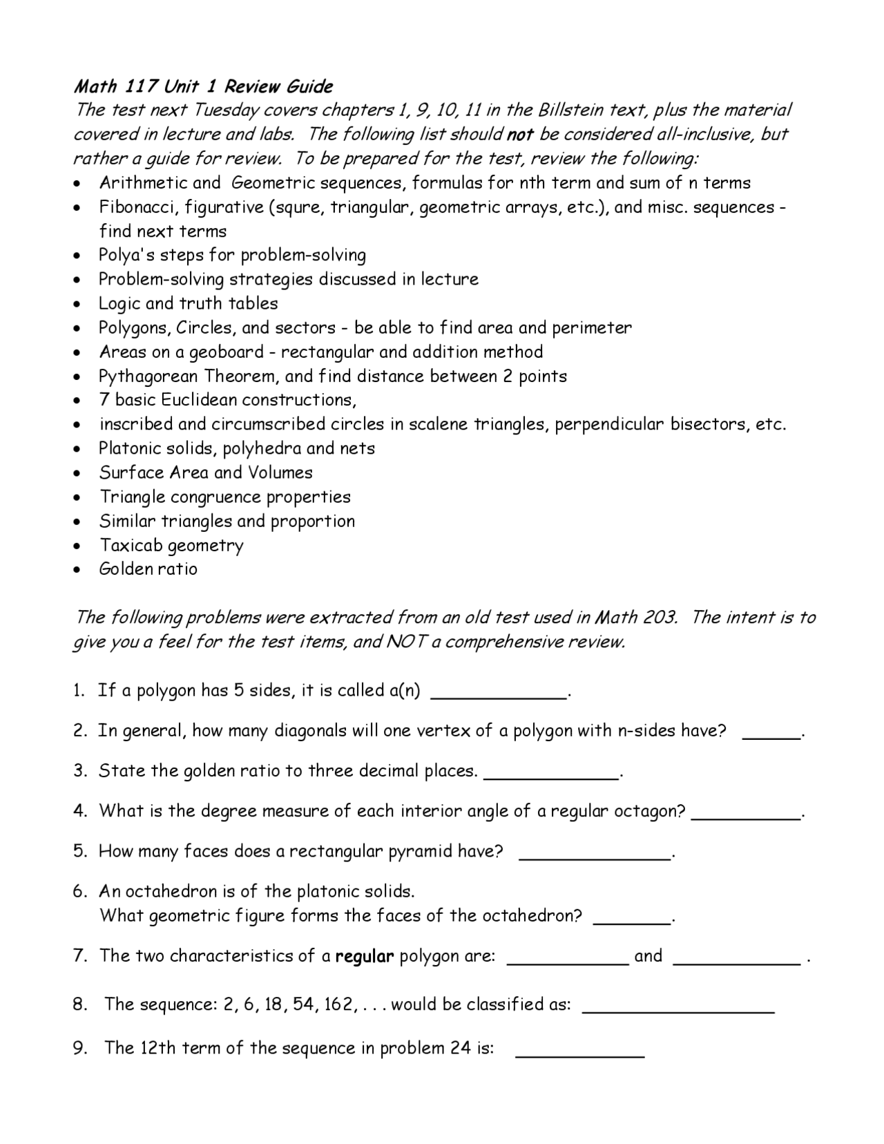 Review Guide for Exam - Elementary Mathematics | MATH 117 - Docsity