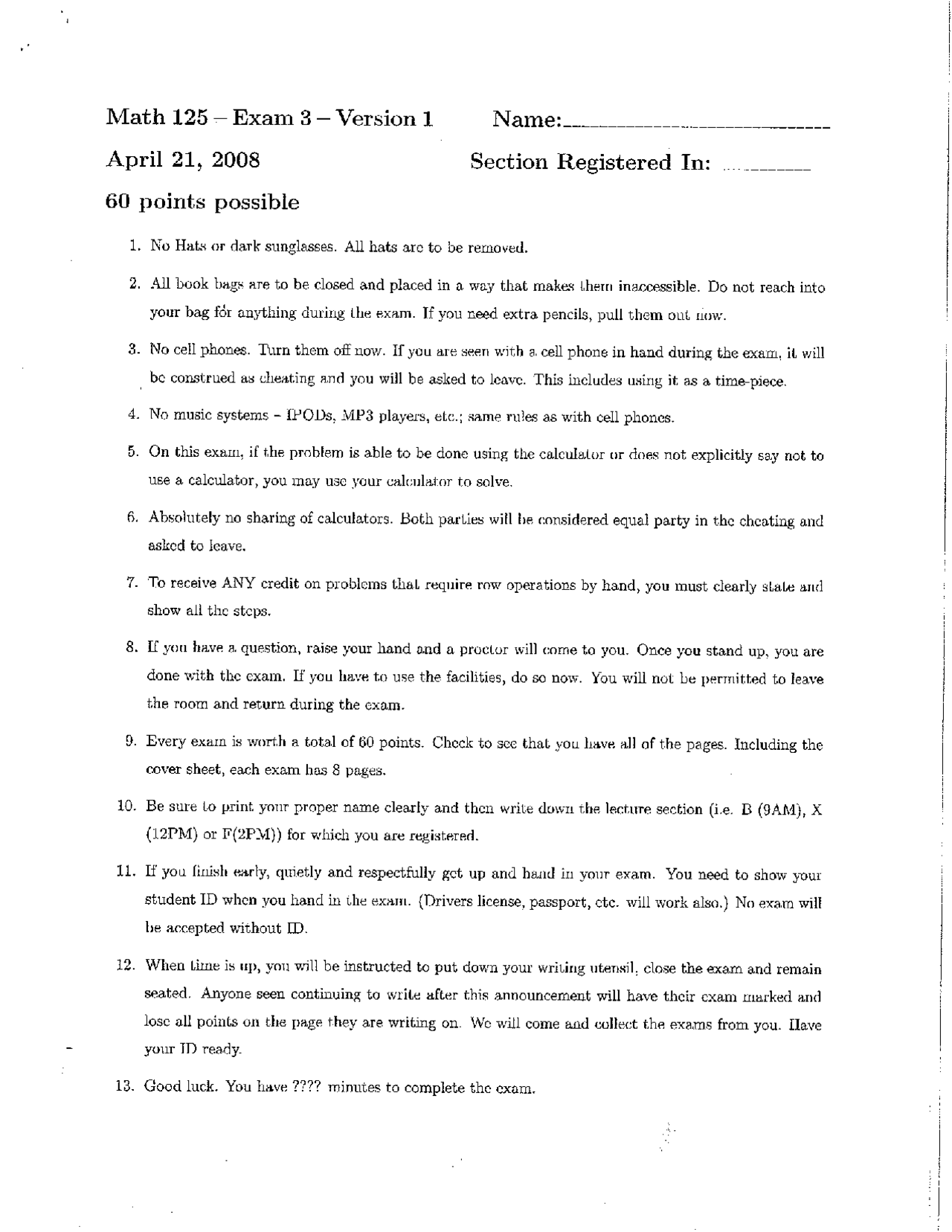 Exam 3 with Answer Key - Elementary Linear Algebra | MATH 125 - Docsity