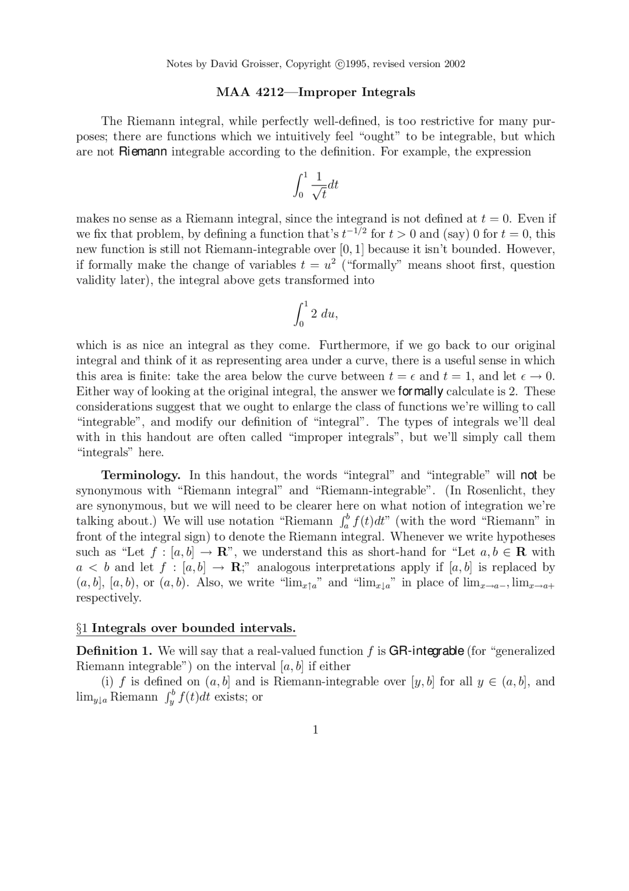 Lecture Notes on Improper Integrals - Advance Calculus 2 | MAA 4212 ...