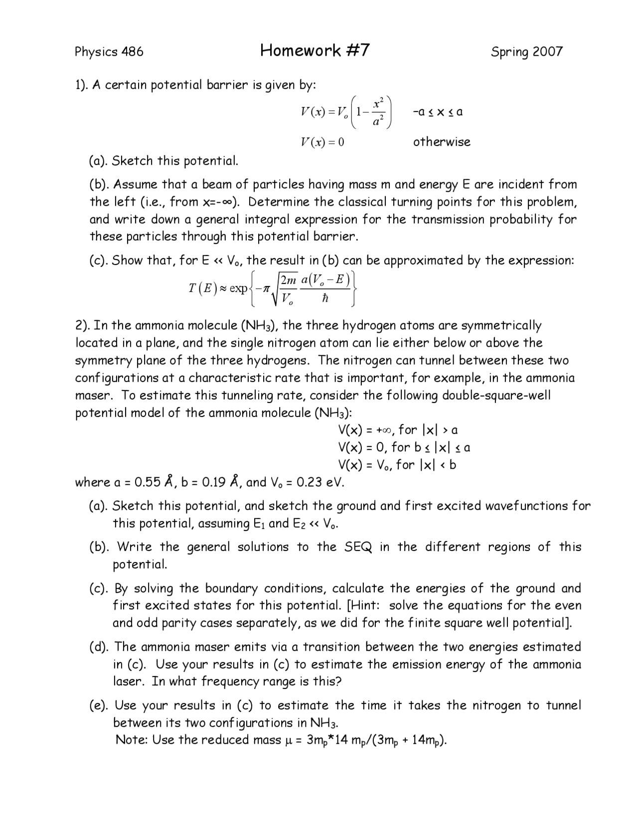 Quantum Physics Homework Example Homework 7 Practice Problems on Quantum Physics I | PHYS 486 - Docsity