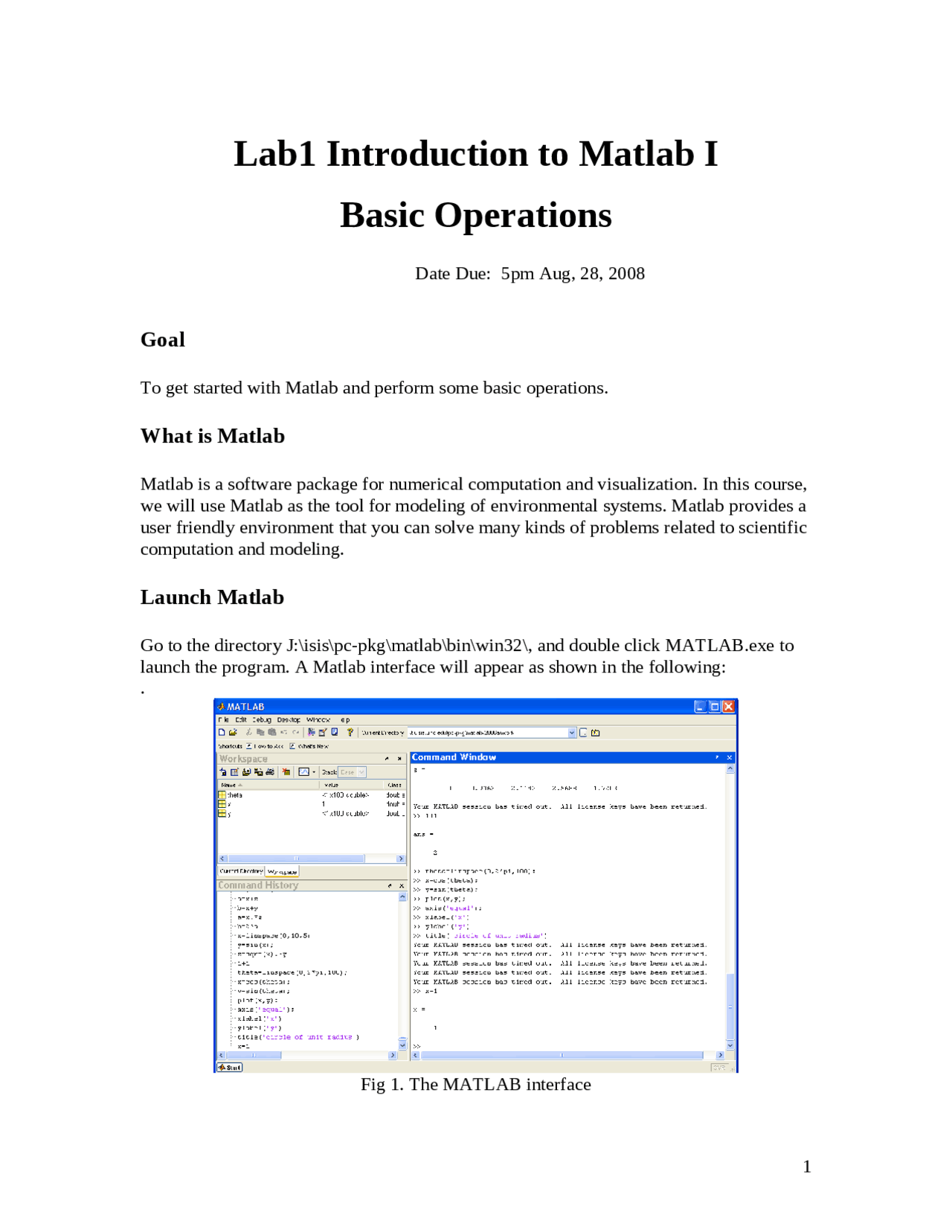 Lab 1: Introduction to MATLAB I Basic Operations | GEOG 410 - Docsity