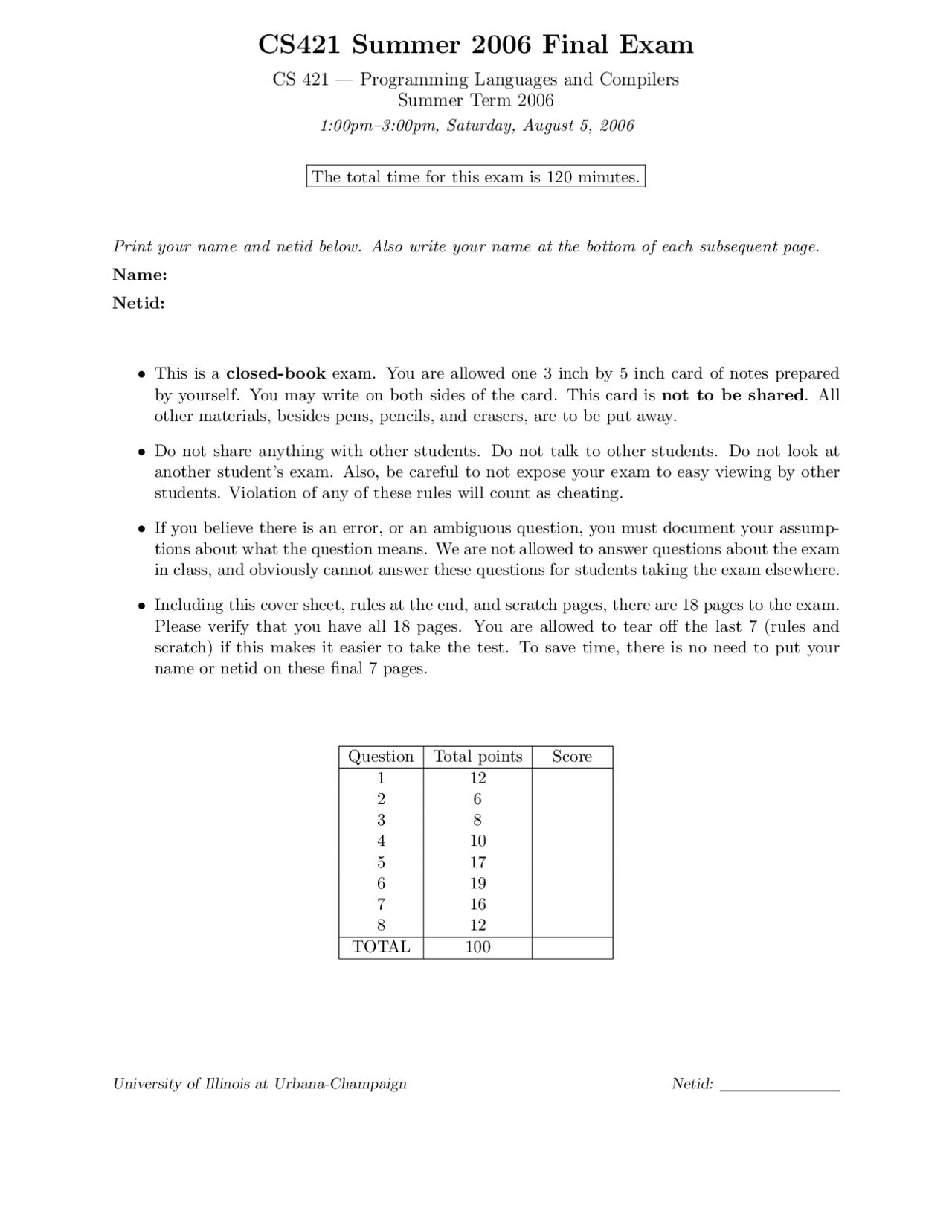 Final Exam for Programming Language and Technology I - Summer 2006 | CS ...