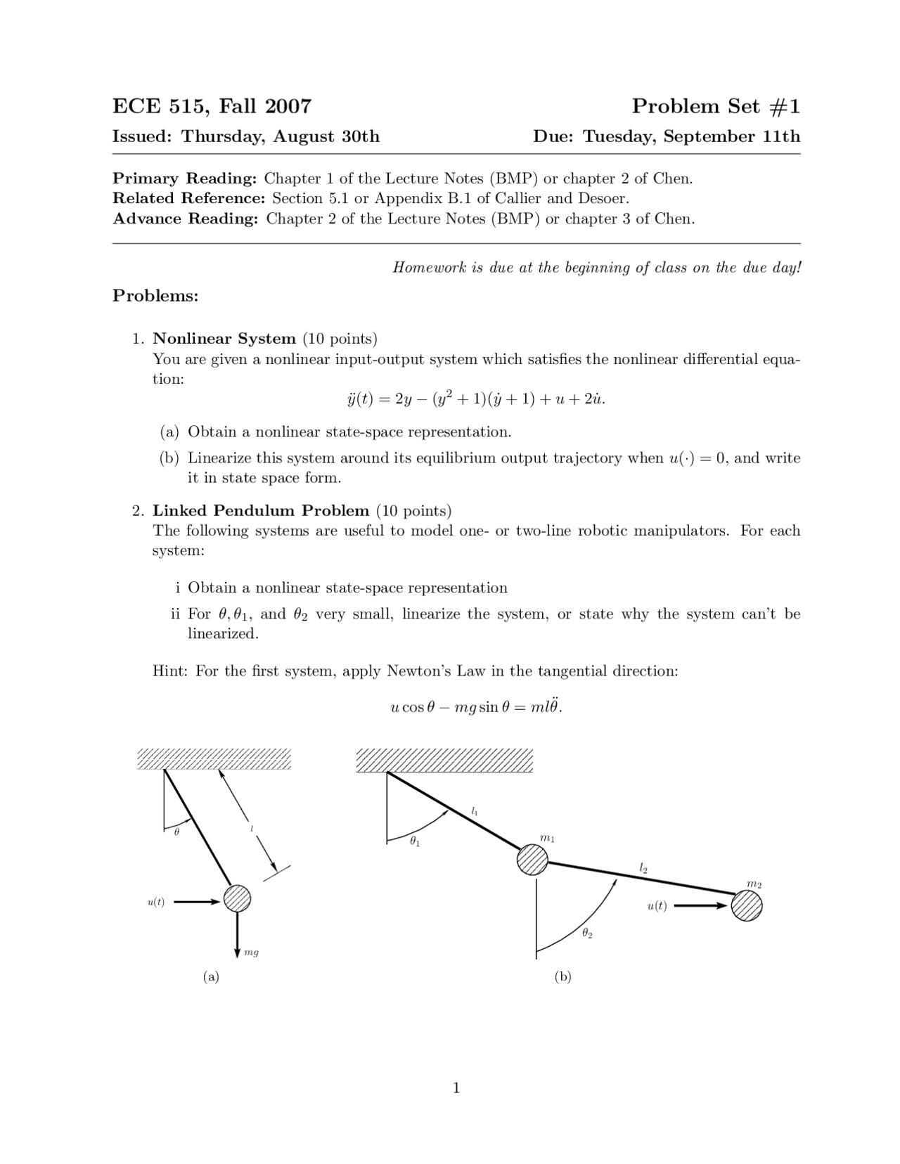 Control System Theory and Design - Problem Set 1 | ECE 515 - Docsity