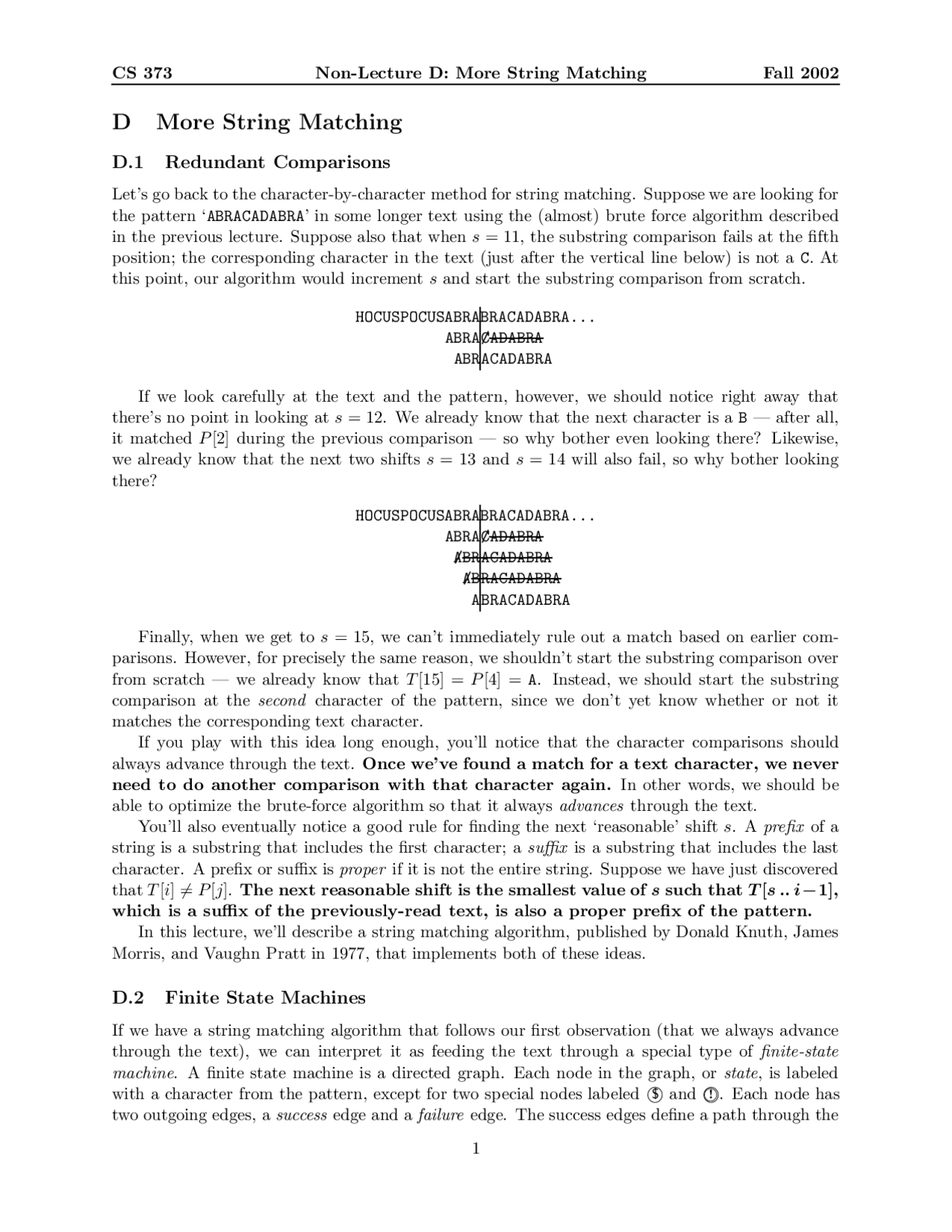 More String Matching and the Finite State Machine | CS 373 - Docsity