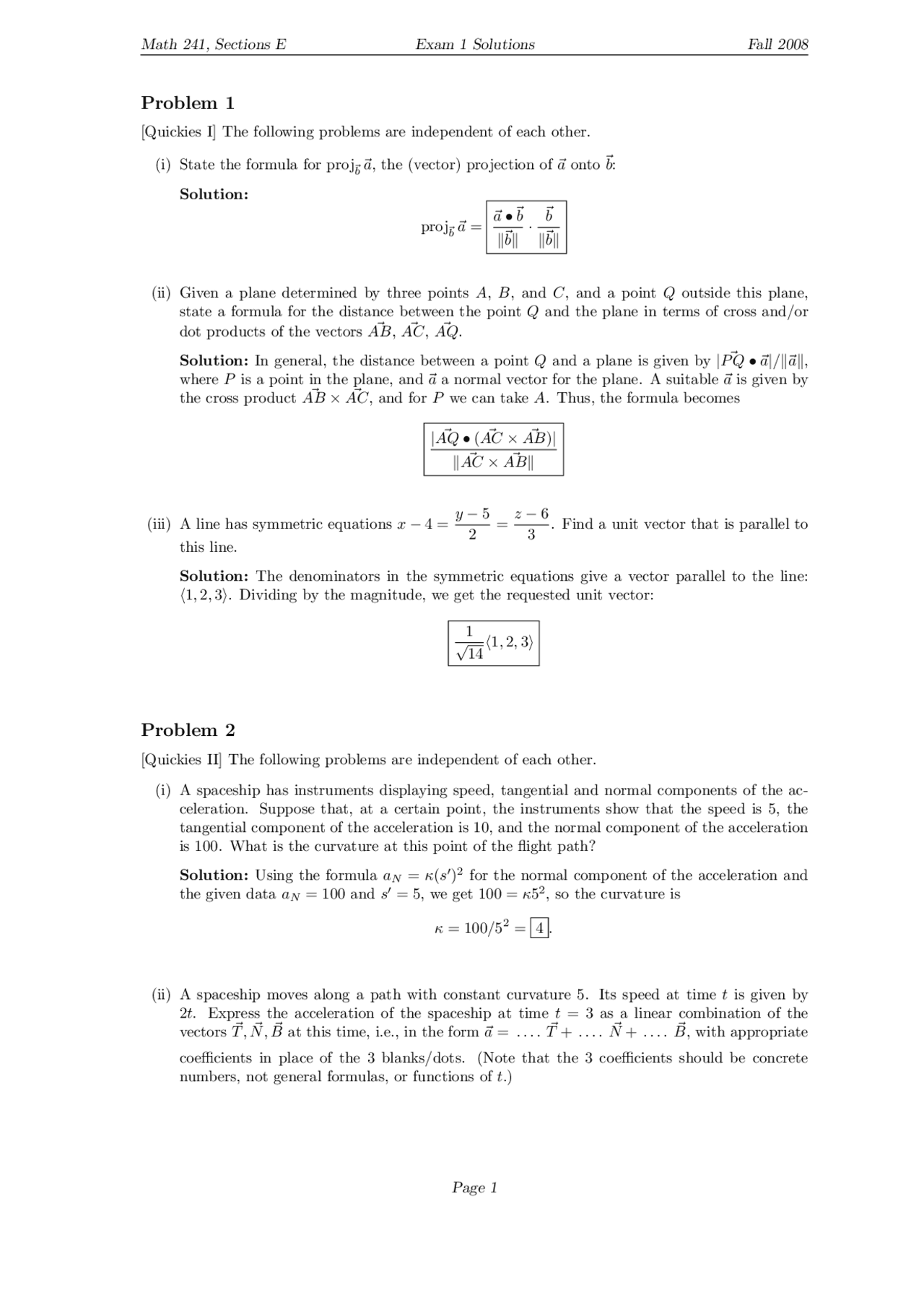 7 Problems with Solutions on Calculus III - Exam 1 | MATH 241 - Docsity