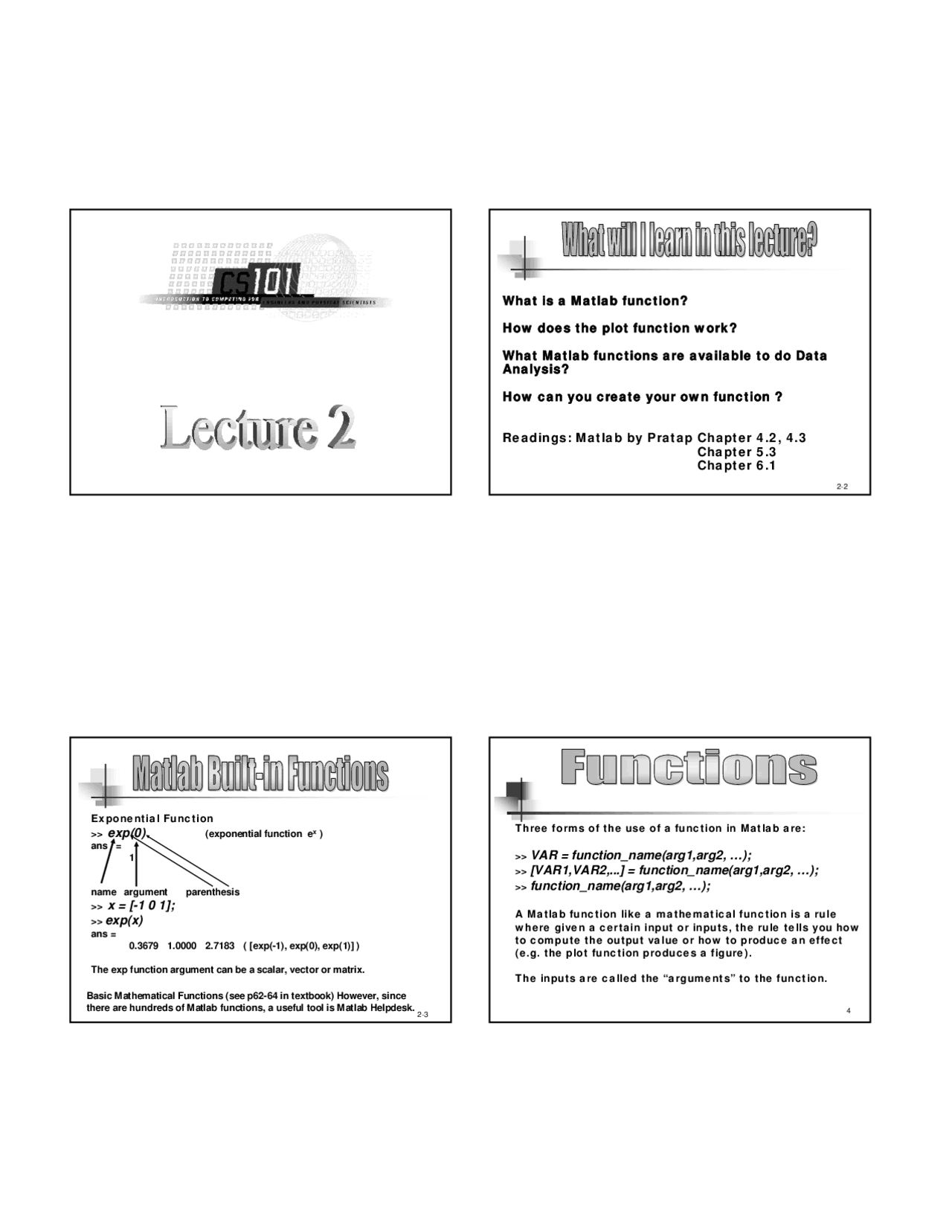 MATLAB Built in Functions - Lecture Slides | CS 101 - Docsity