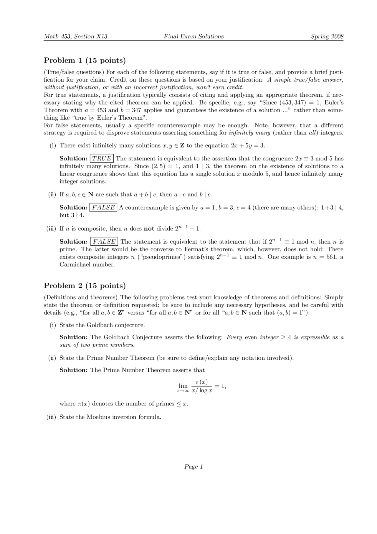 The Final Question Math 10 Problems on Elementary Theory of Numbers - Final Exam | MATH 453 ...
