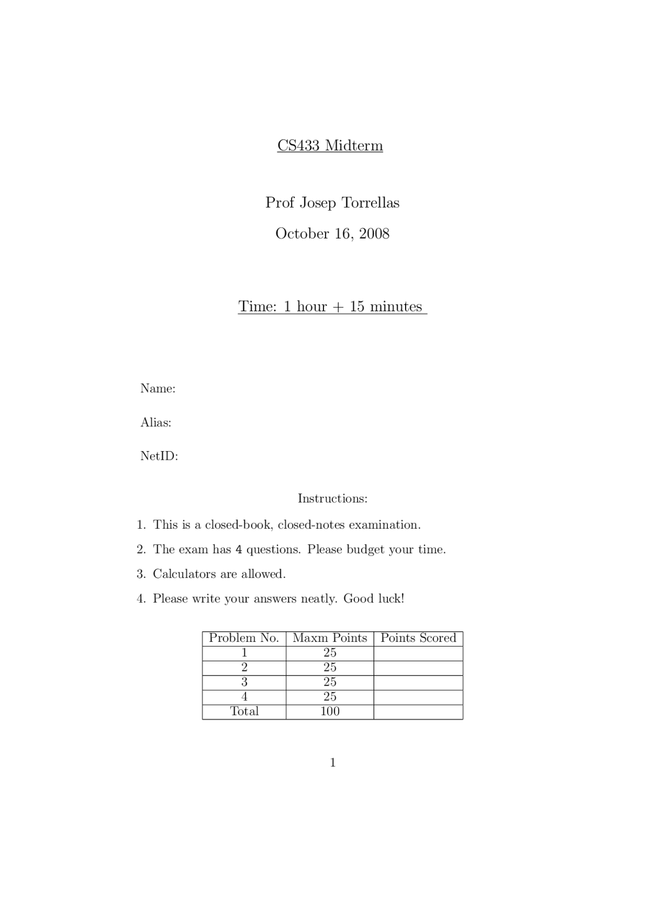 Midterm Solution - Computer System Organization | CS 433 - Docsity
