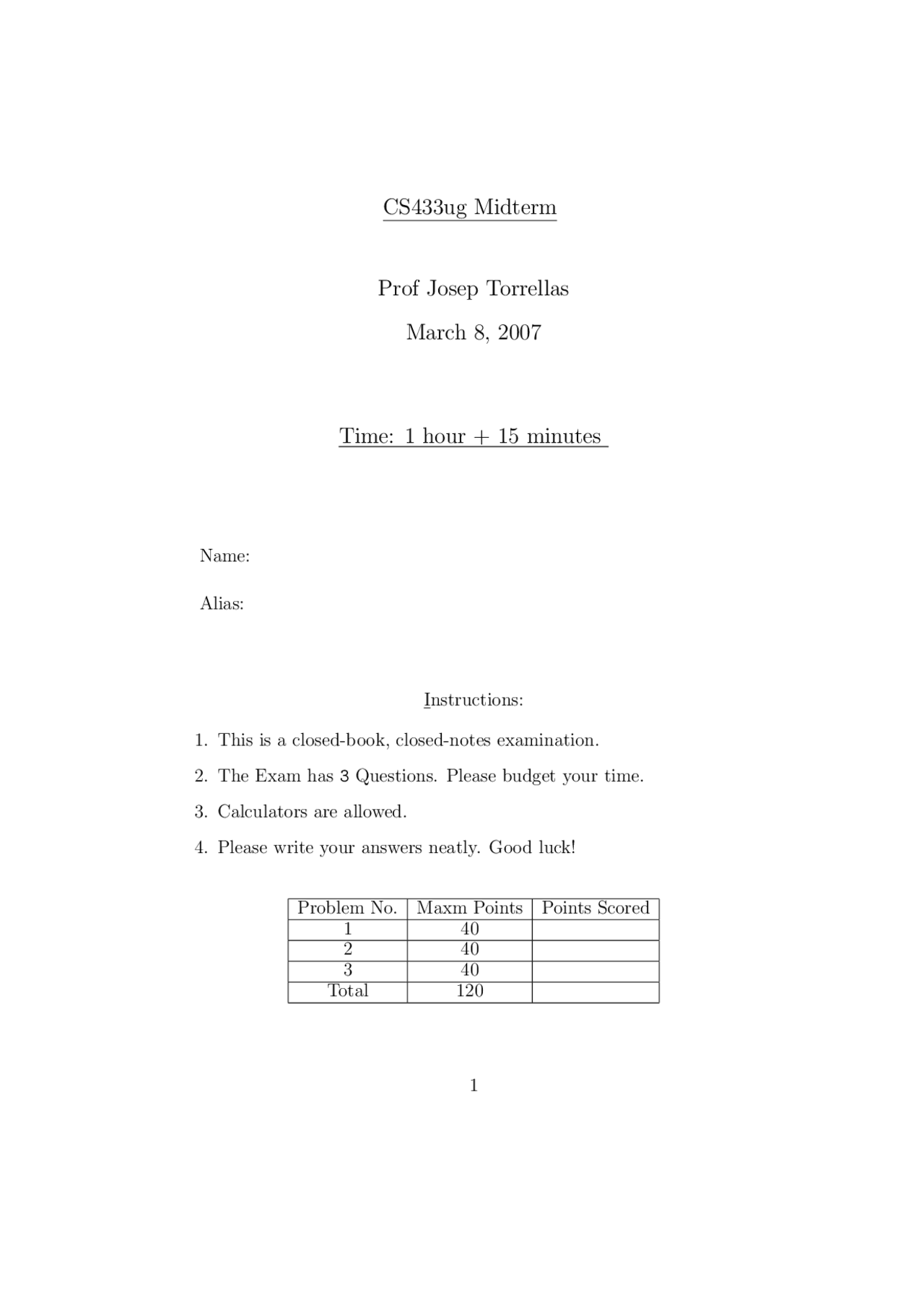 3 Problems on Computer System Organization - Midterm Exam | CS 433 ...