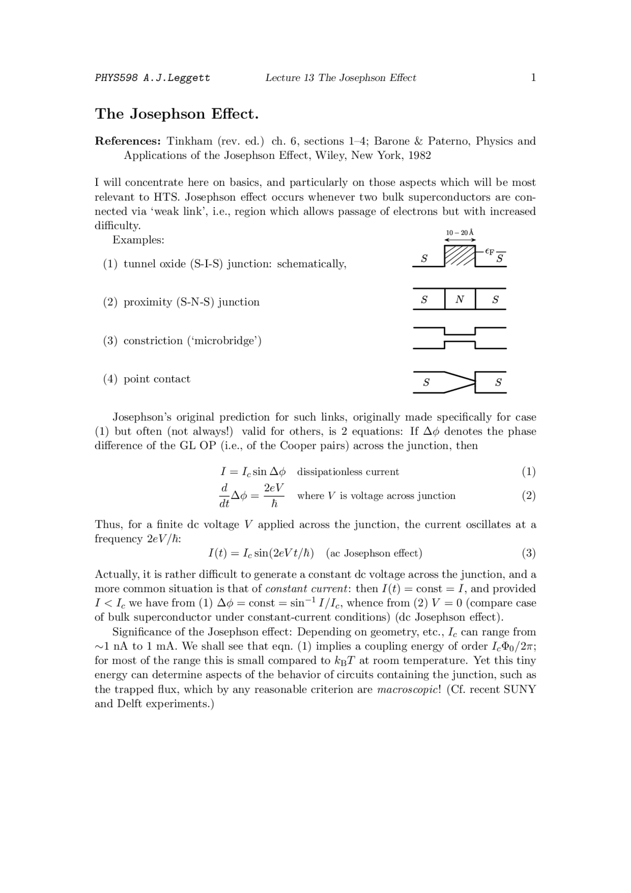 The Josephson Effect Lecture Notes PHYS 598 Docsity