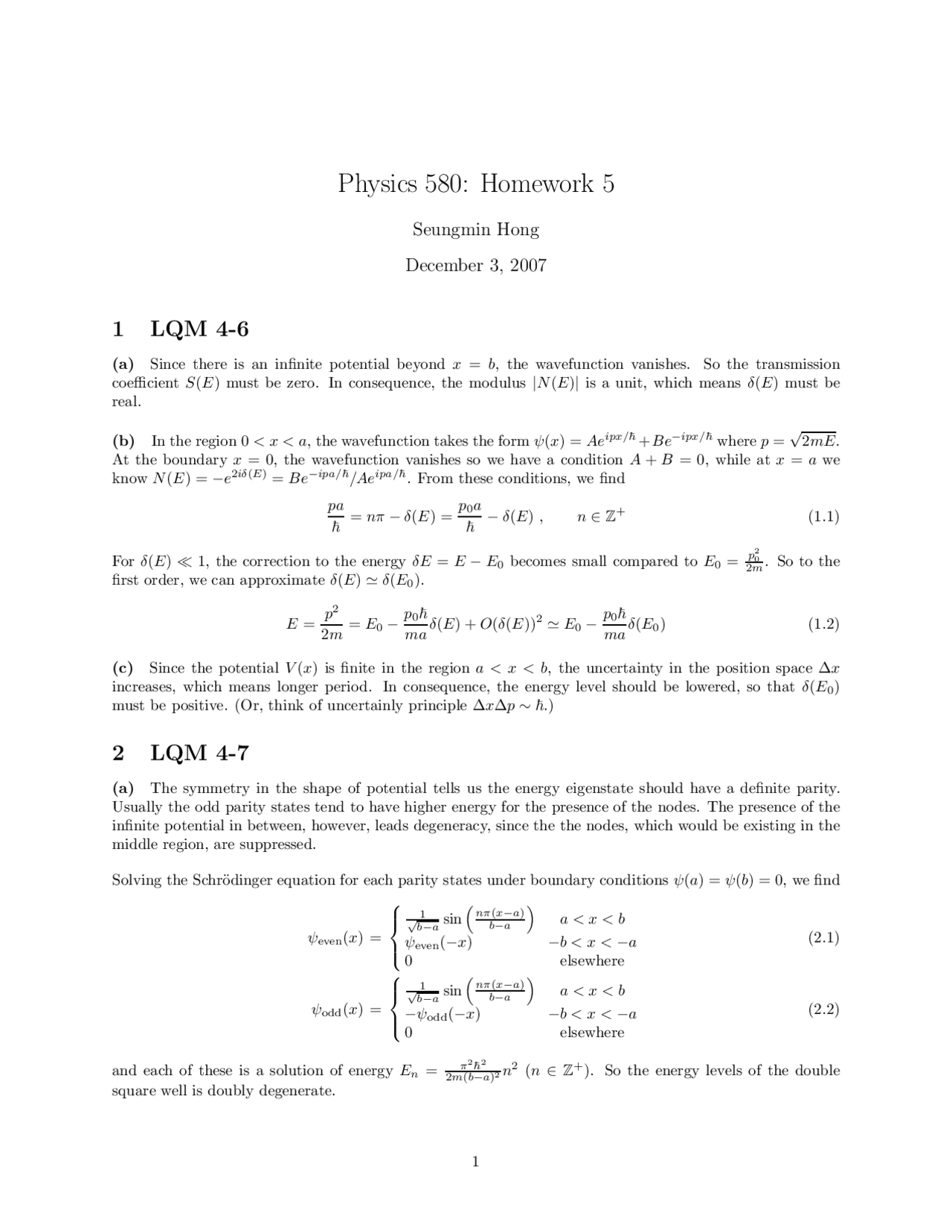 Quantum Physics Homework Example Homework 5 Questions - Quantum Mechanics I | PHYS 580 - Docsity