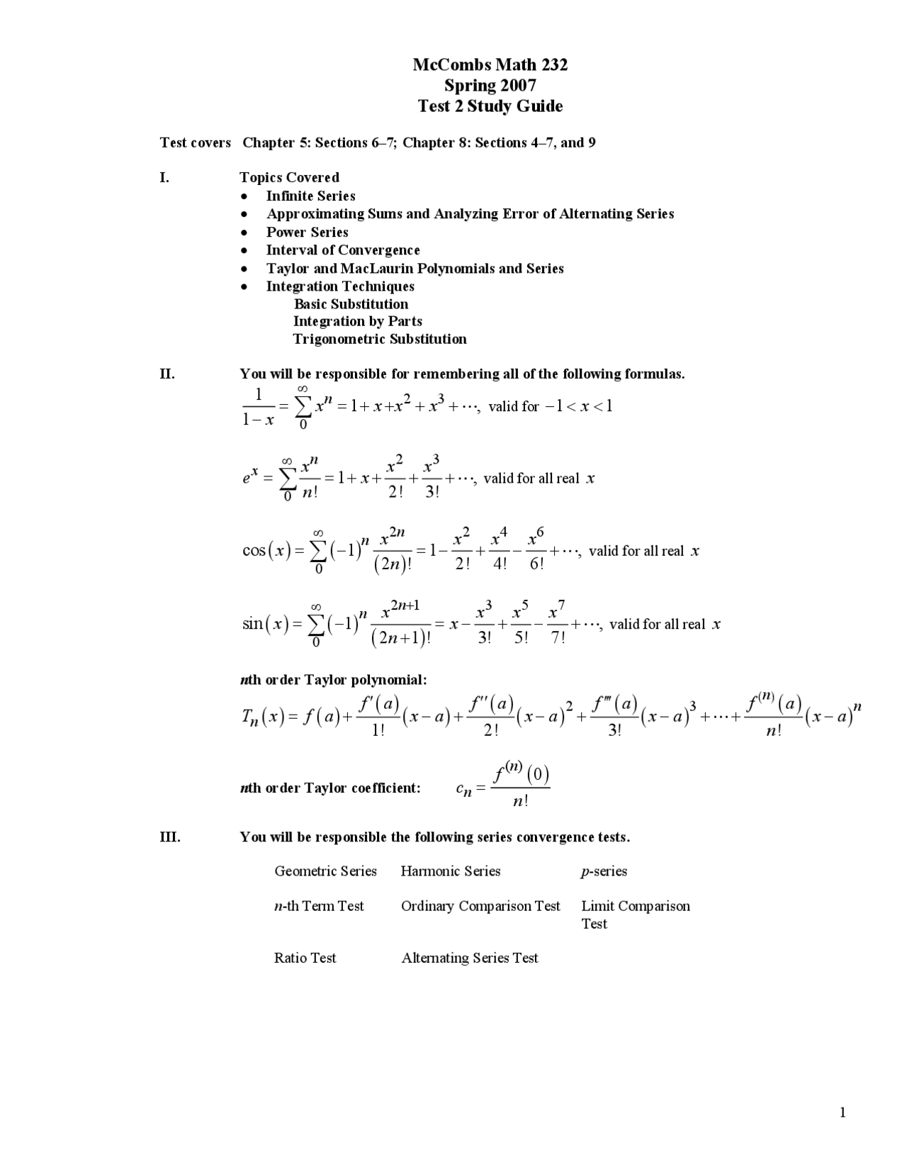 Calculus of Functions of One Variable II - Test 2 Study Guide | MATH ...