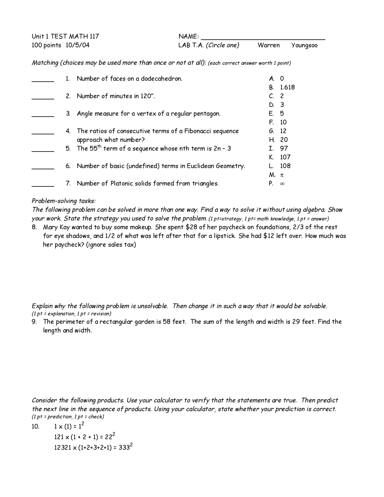Elementary Math Class Test Questions of Elementary Mathematics - Practice Exam | MATH 117 - Docsity