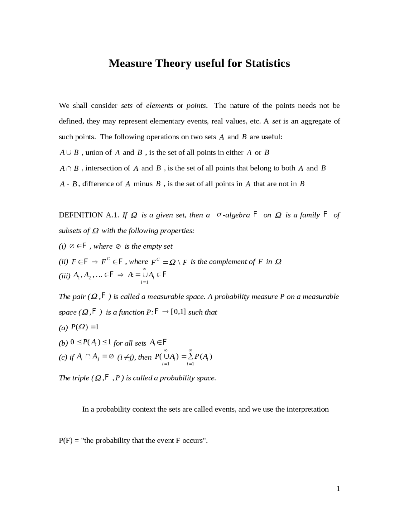 Random Notes On Measure Measure Theory and Random Variables: A Probabilistic Perspective - Prof ...