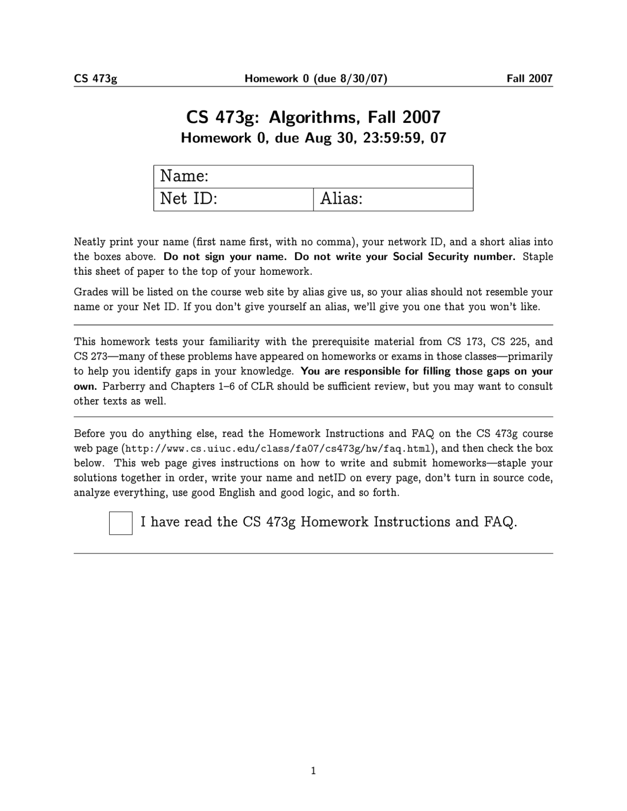 Homework Questions Unsolved - Fundamental Algorithms | CS 473 - Docsity