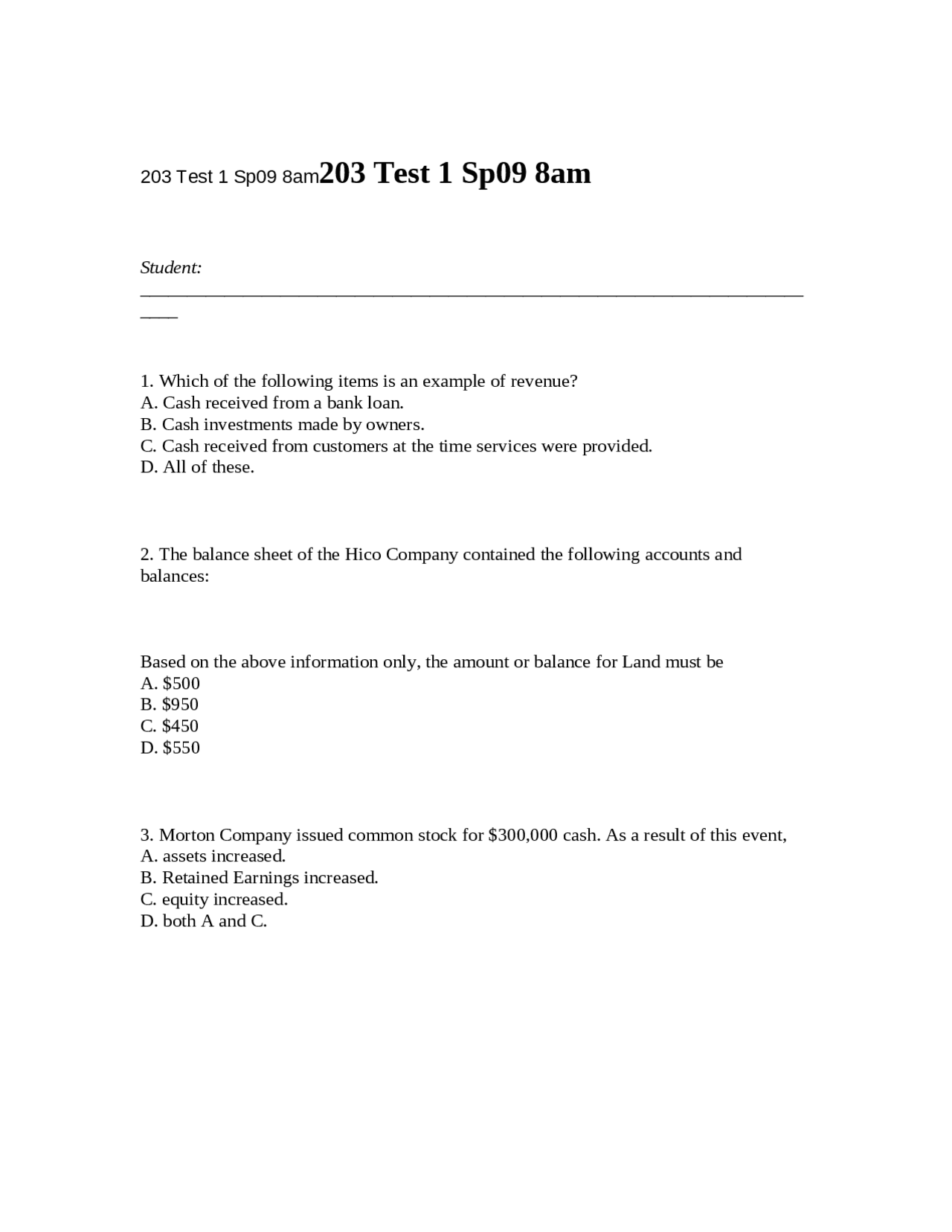 Test 1 Questions - Introduction to Accounting I | ACCT 203 - Docsity