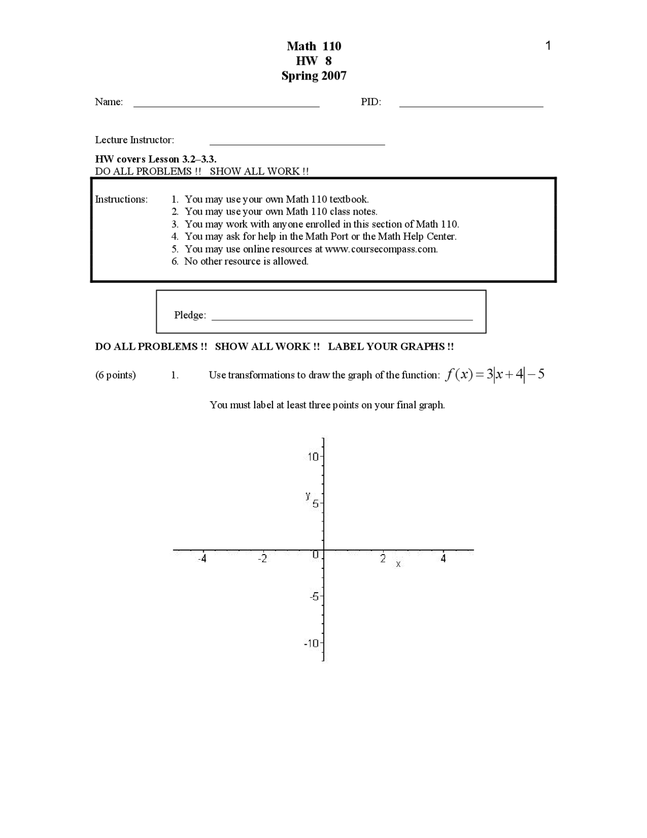 Homework 8 Practice Problems - Algebra | MATH 110 - Docsity