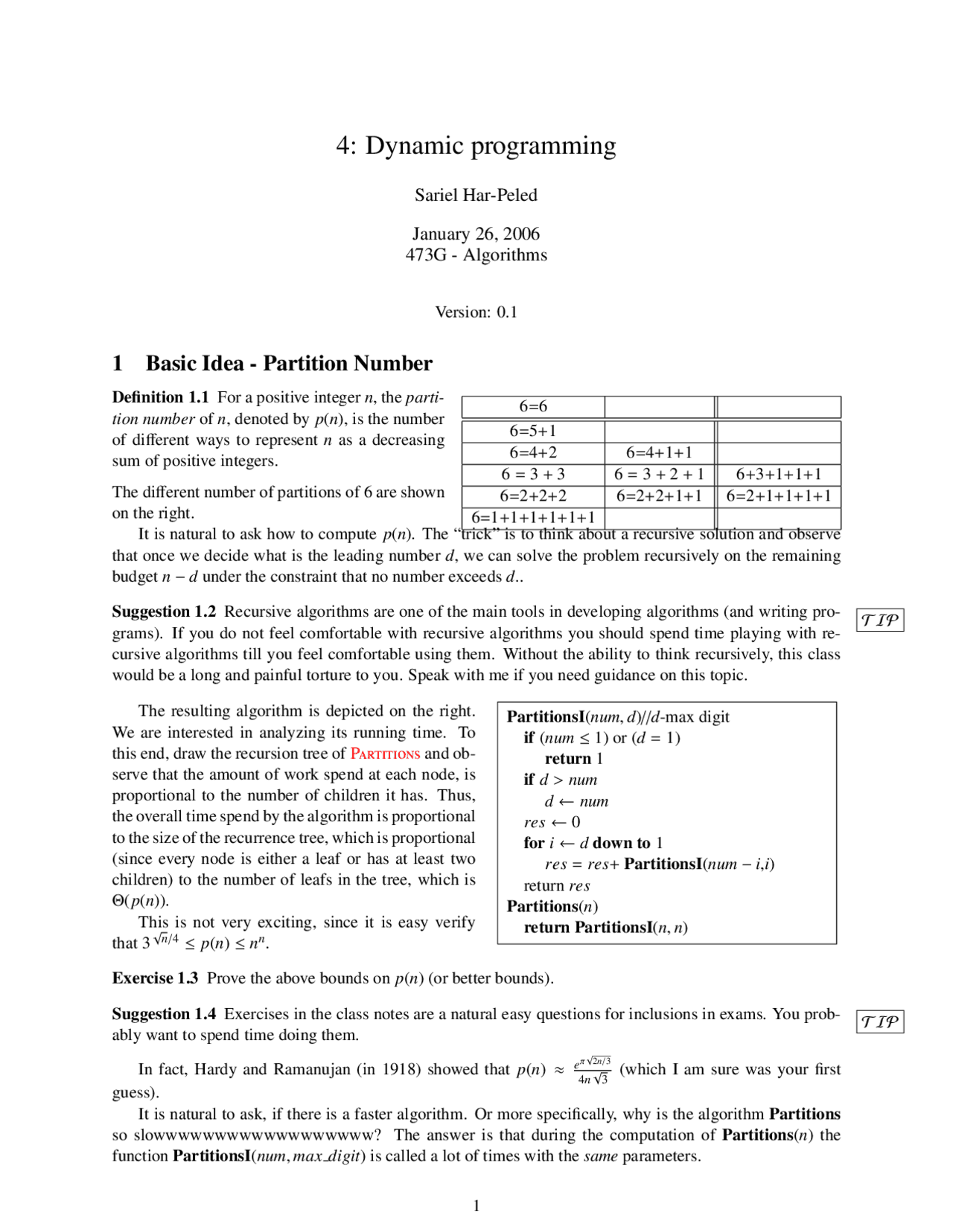 Basic Ideas of Partition Numbers in Dynamic Programming | CS 473 - Docsity