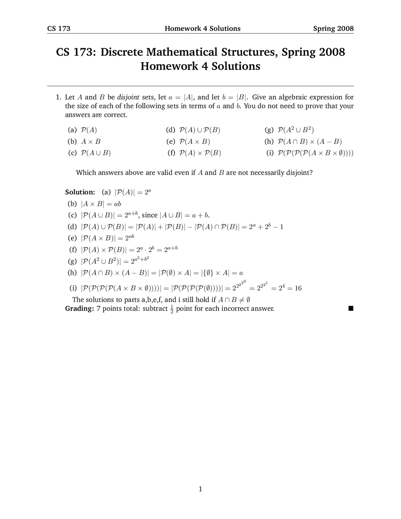Discrete Structures Cs Homework Homework 4 Solutions - Discrete Structures | CS 173 - Docsity