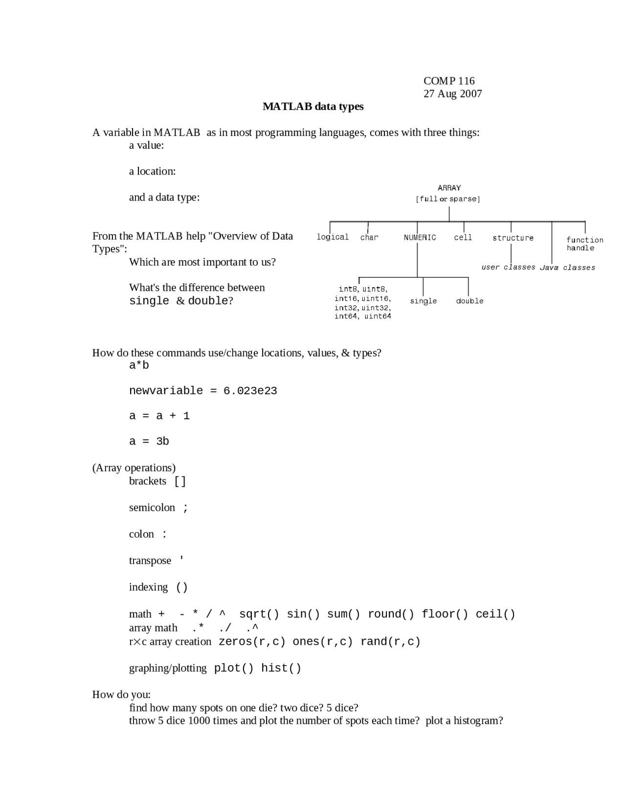 Matlab Data Types Introduction to Scientific Programming COMP 116