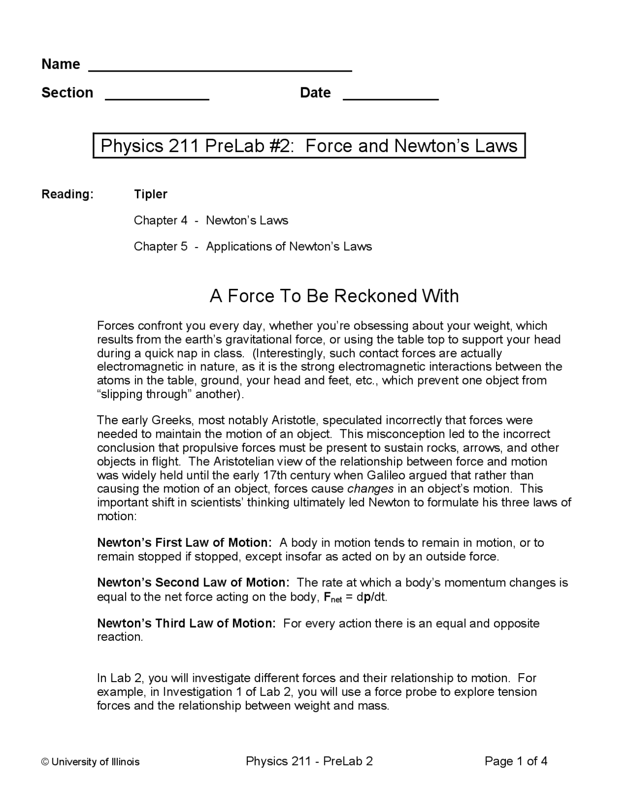 Force and Newton's Laws - University Physics Lab | PHYS 211 - Docsity