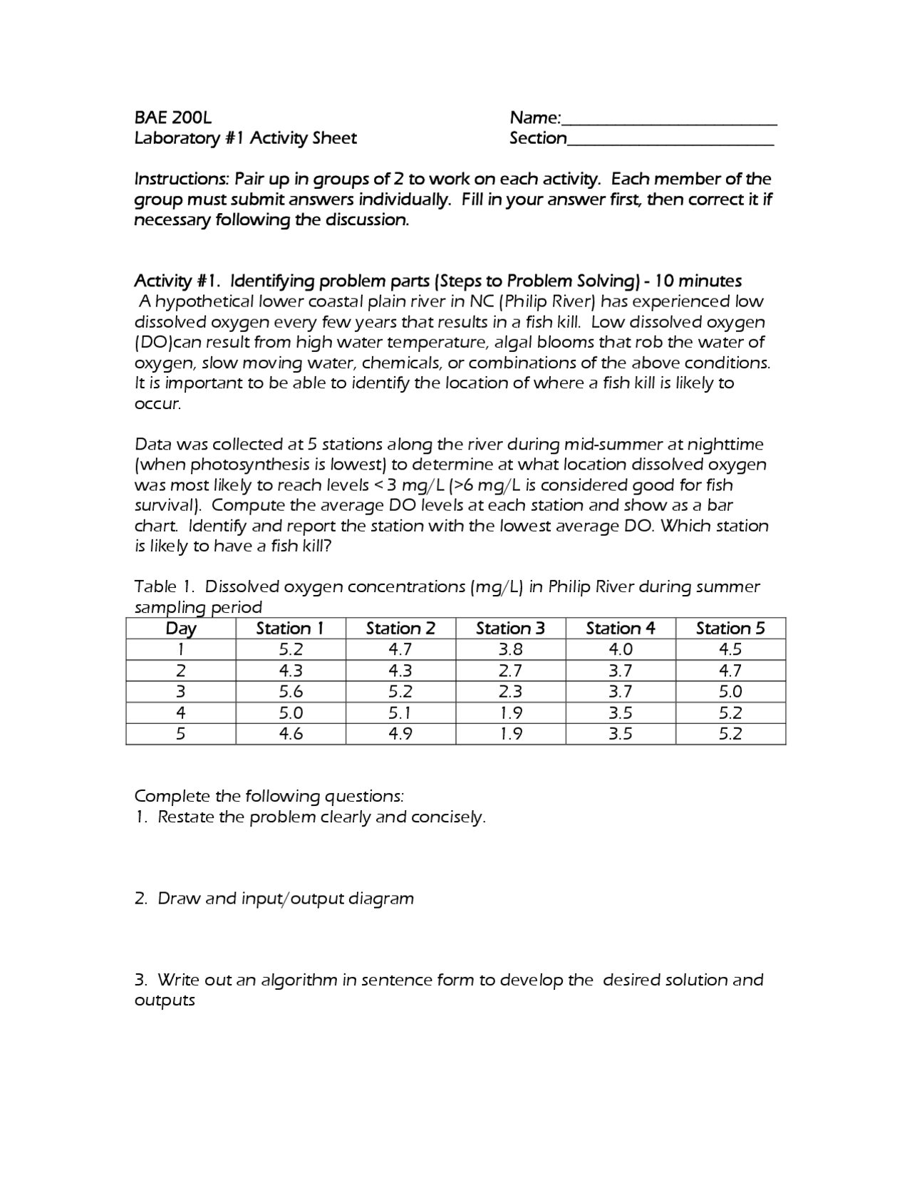 Lab 1 Activity Sheet for Computer Method | BAE 200L - Docsity