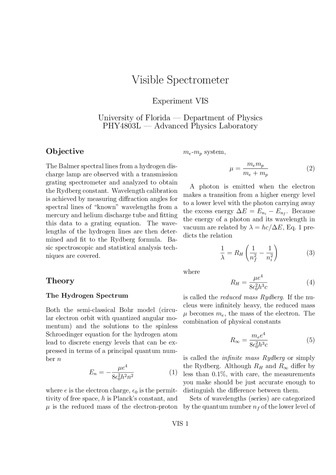 Laboratory Physics 2 - Visible Spectrometer - Experiment VIS | PHY 4803 ...