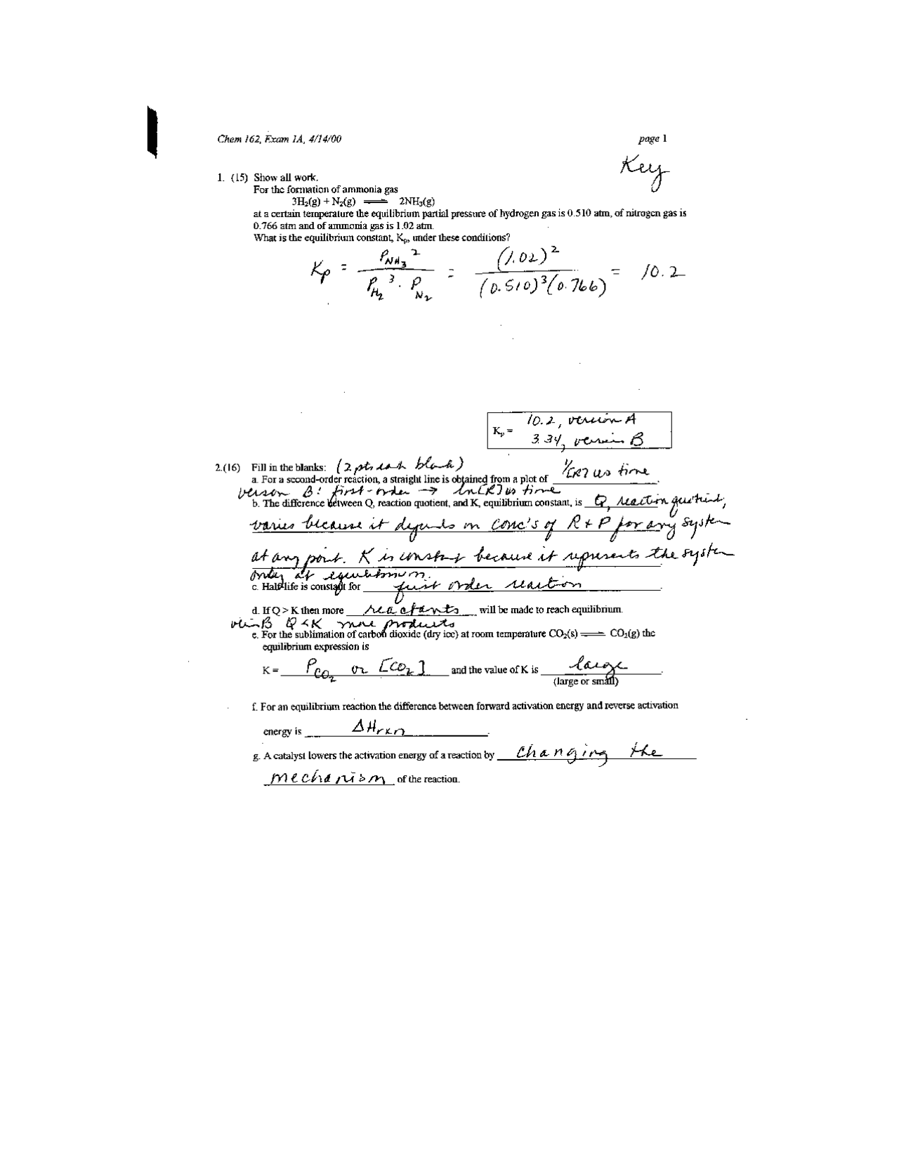 Exam 1A with Solutions | General Chemistry | CHEM 162 - Docsity