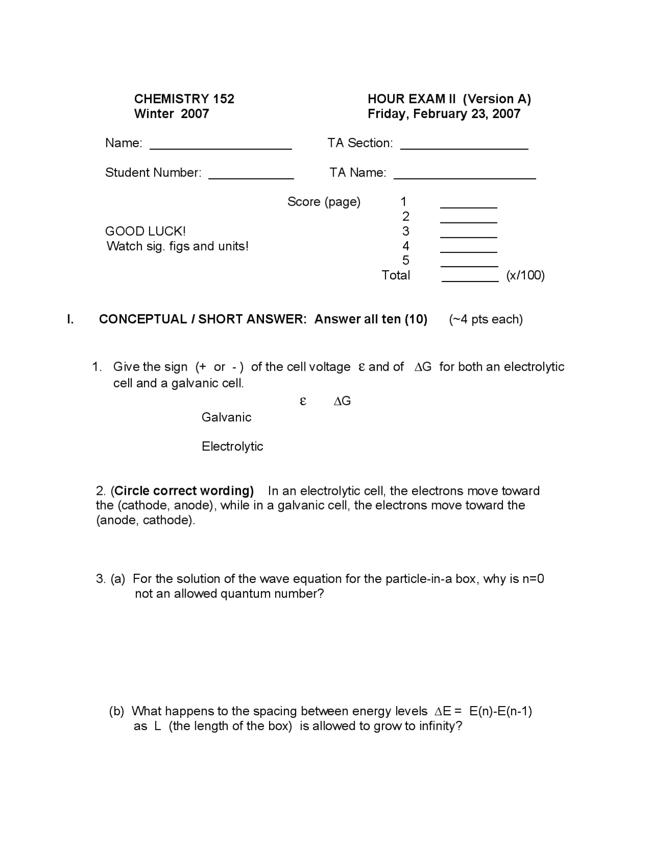 Solution for Exam Questions - General Chemistry | CHEM 152 - Docsity