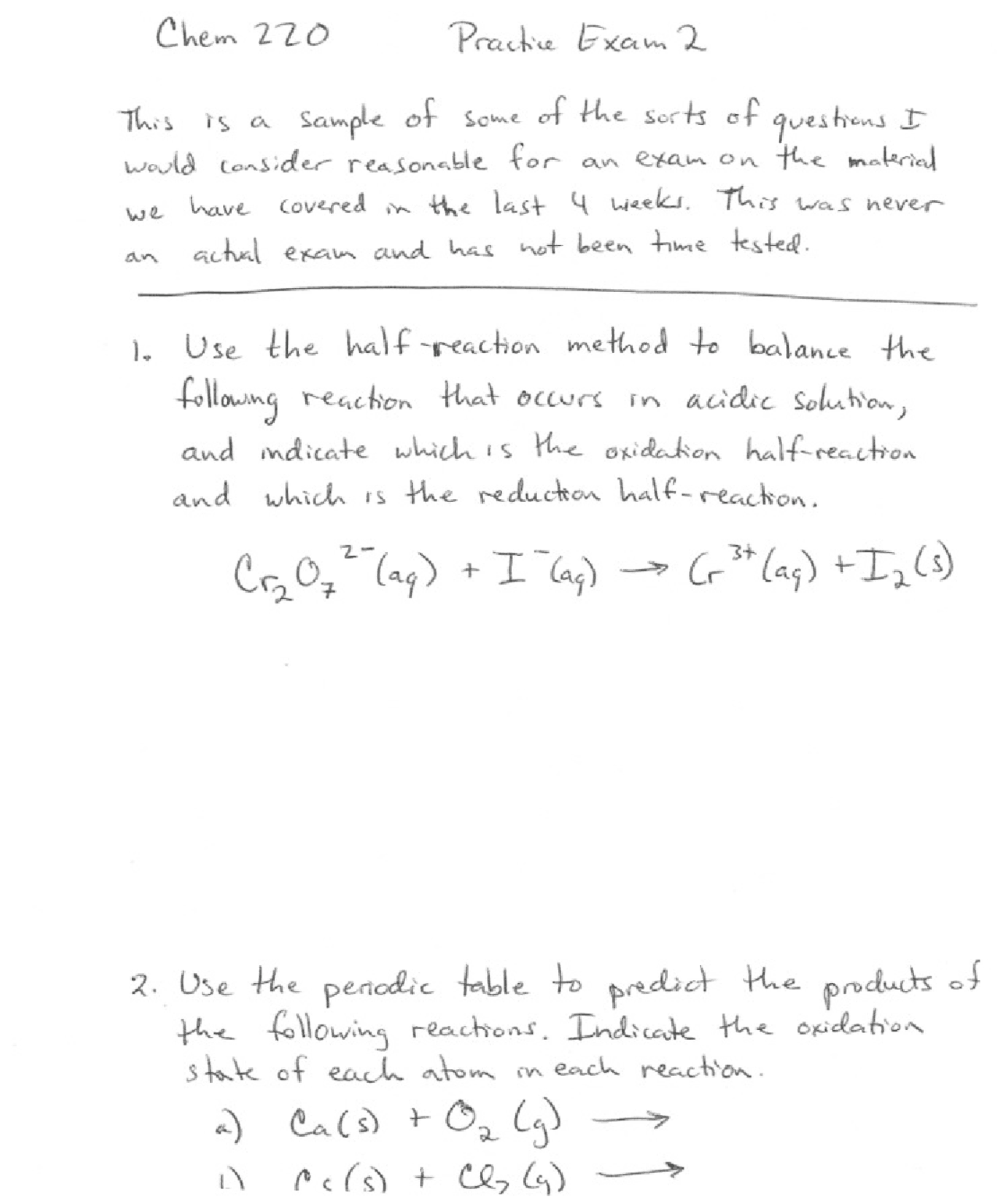 Practice Questions for Exam 2 - Principles of Chemistry II | CHEM 220 ...