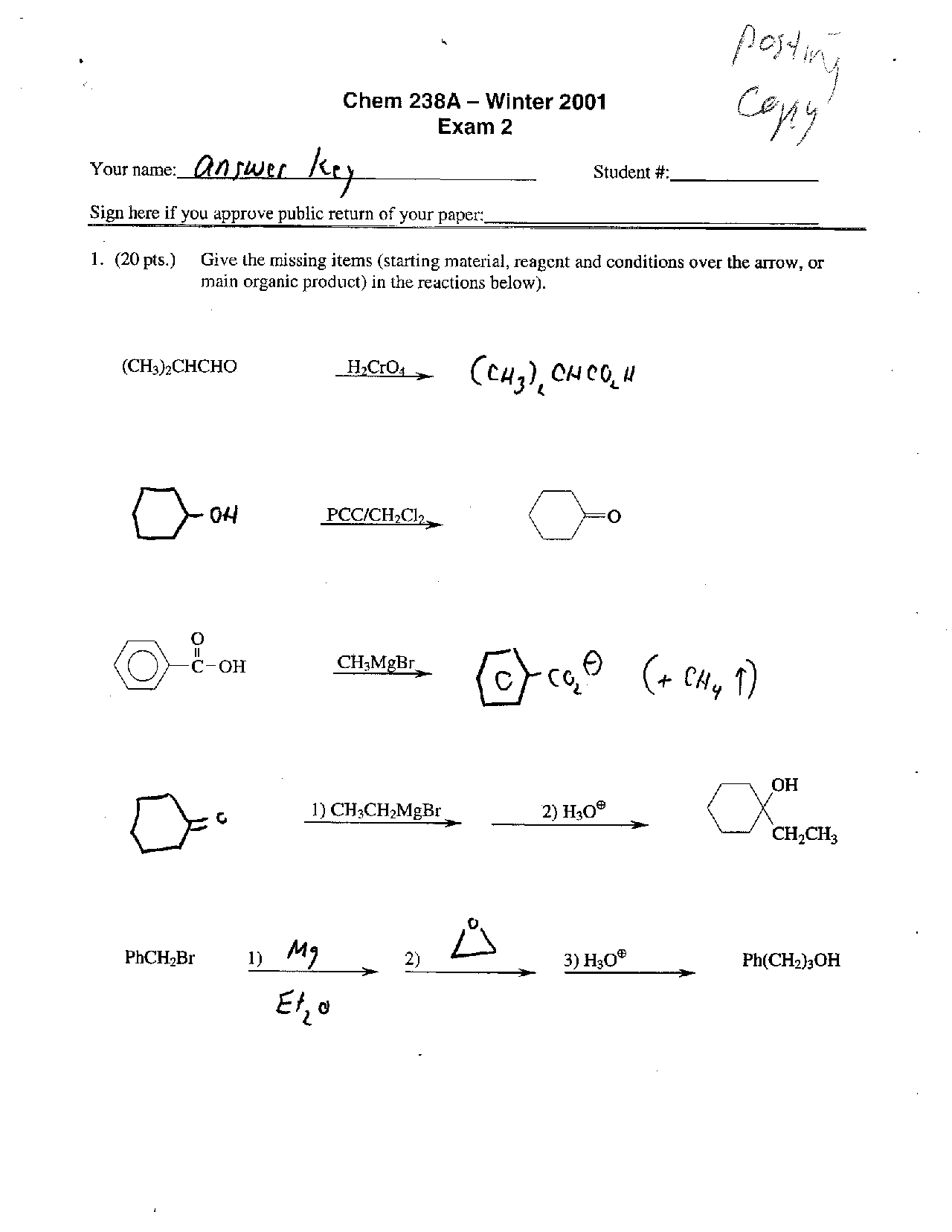 Exam 2 with Answer Key - Organic Chemistry - Winter 2001 | CHEM 238 ...