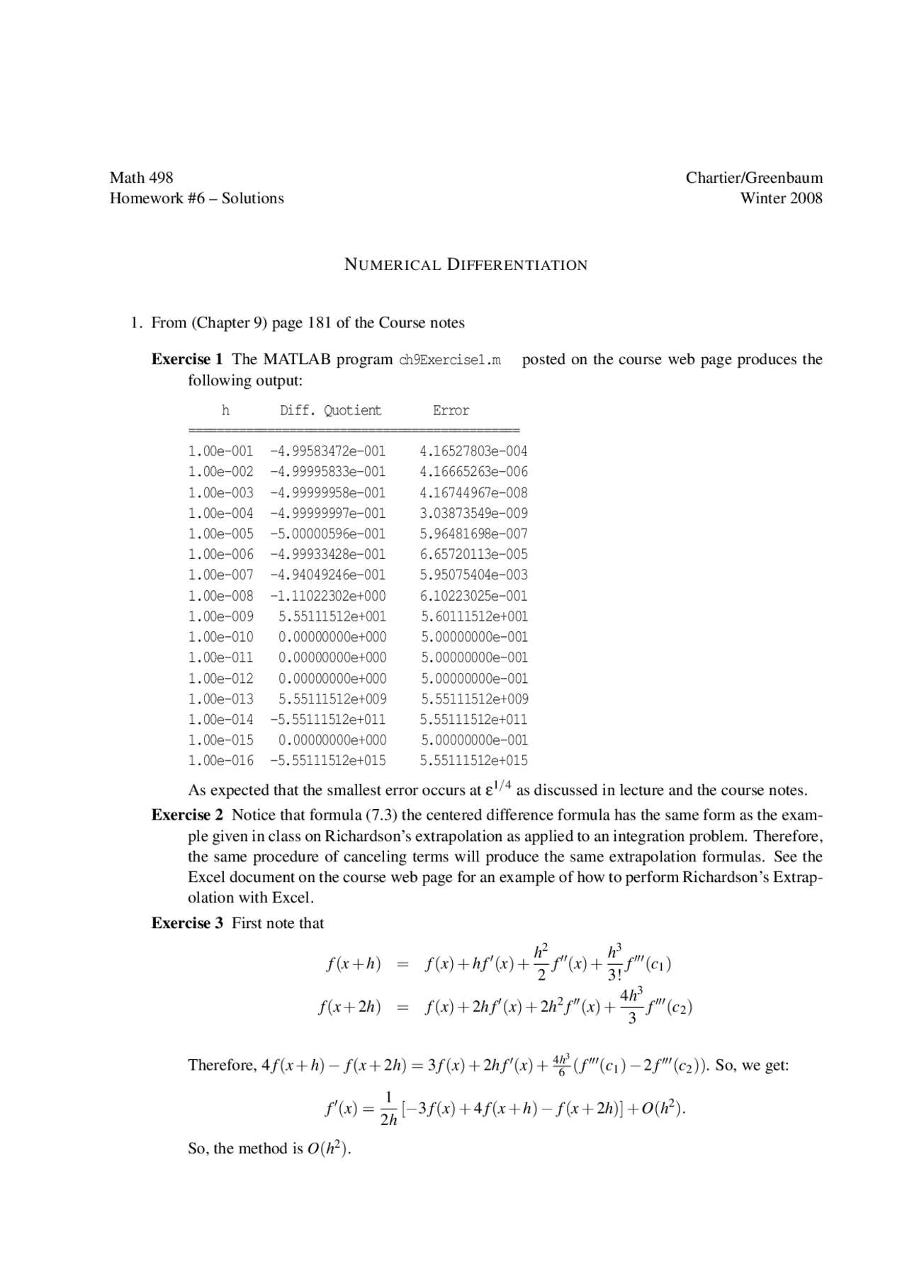 Numerical differentiation resolution for homework 6 math 498 docsity