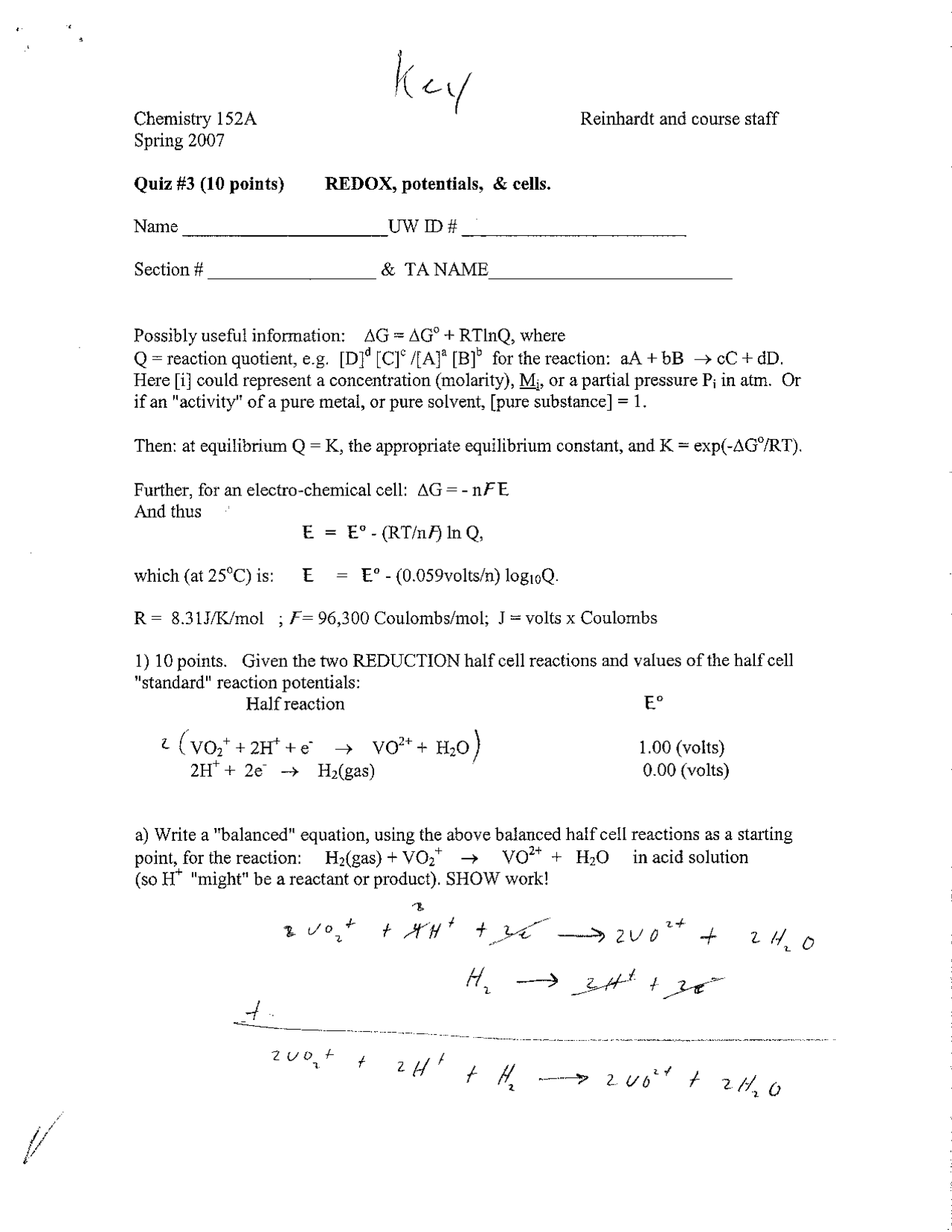 Quiz 3 Questions with Answers - General Chemistry | CHEM 152 | Docsity