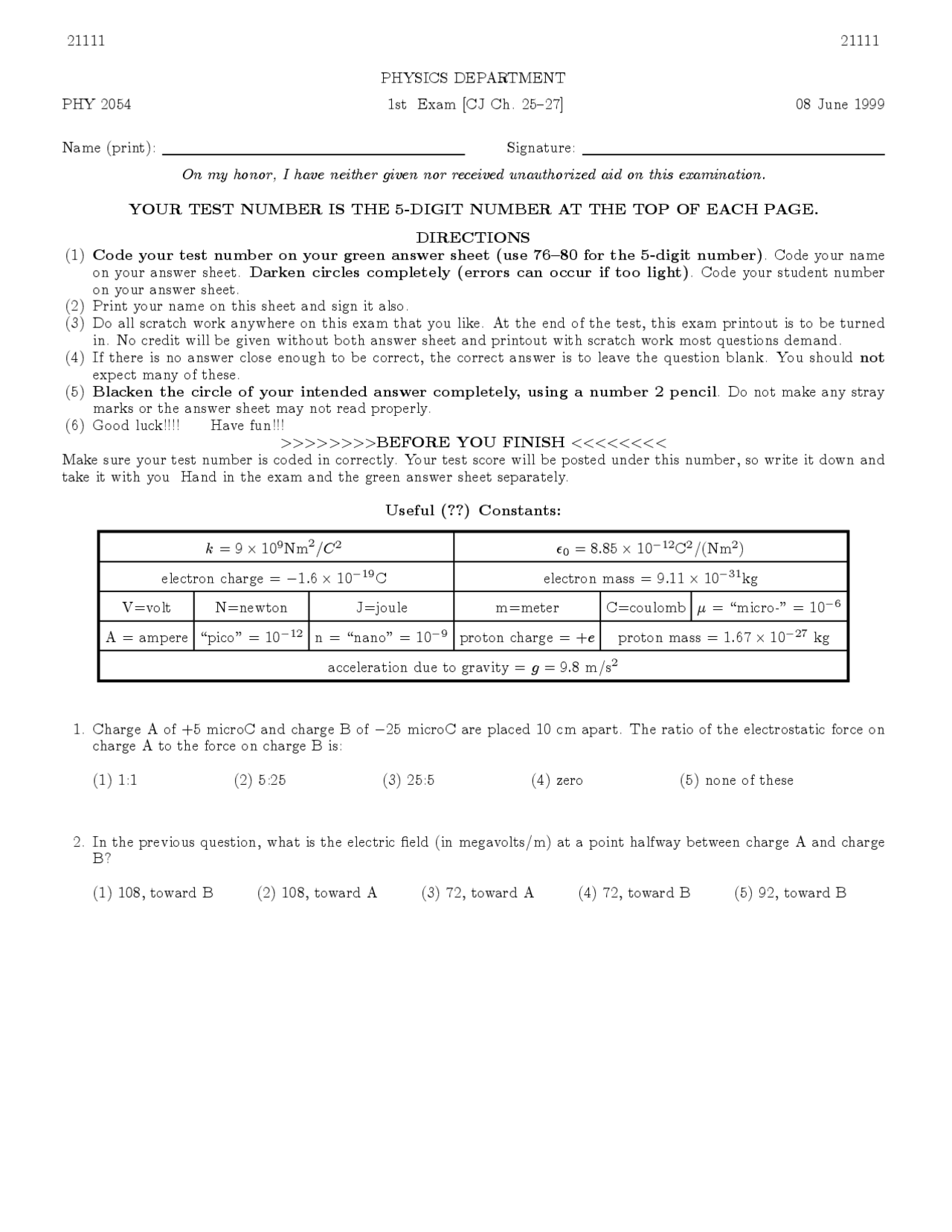 Physics II - Past Paper Questions 1999 | PHY 2054 - Docsity