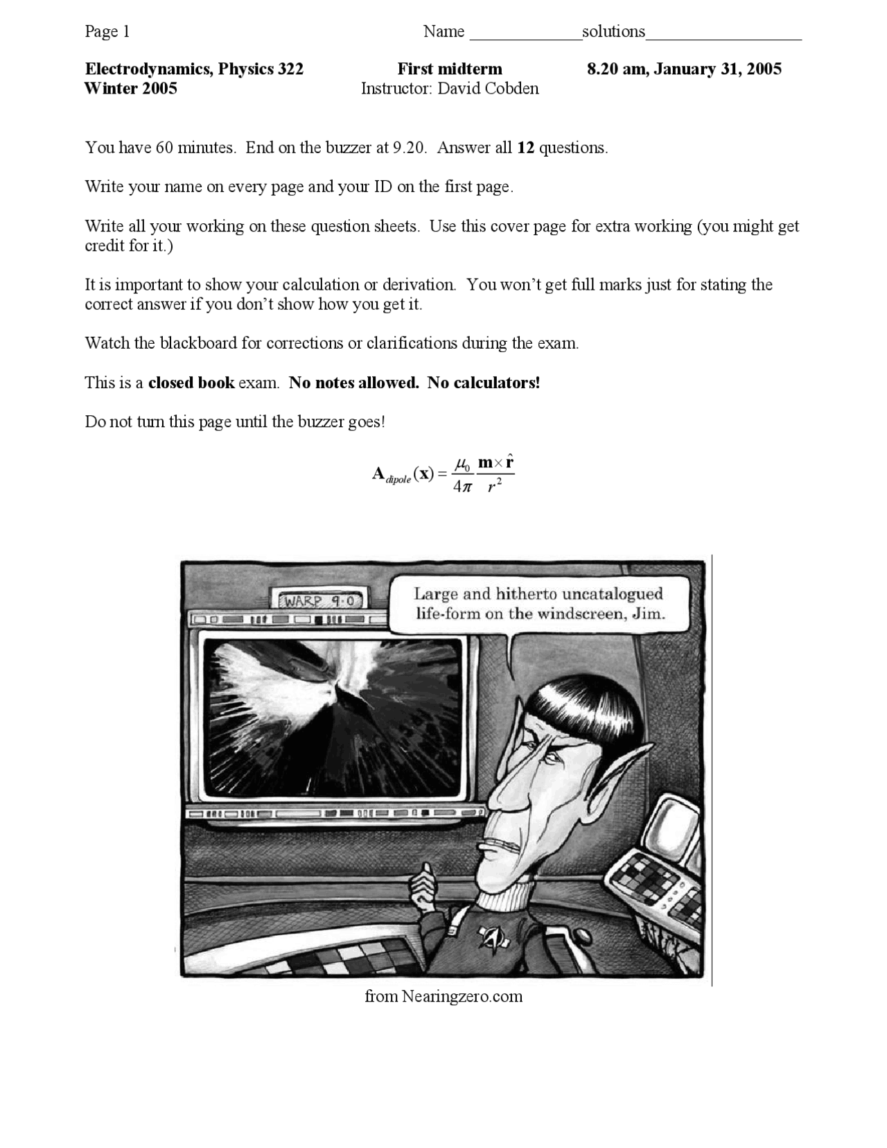 Midterm Exam 1 with Solutions for Electrodynamics - Fall 2005 | PHYS ...